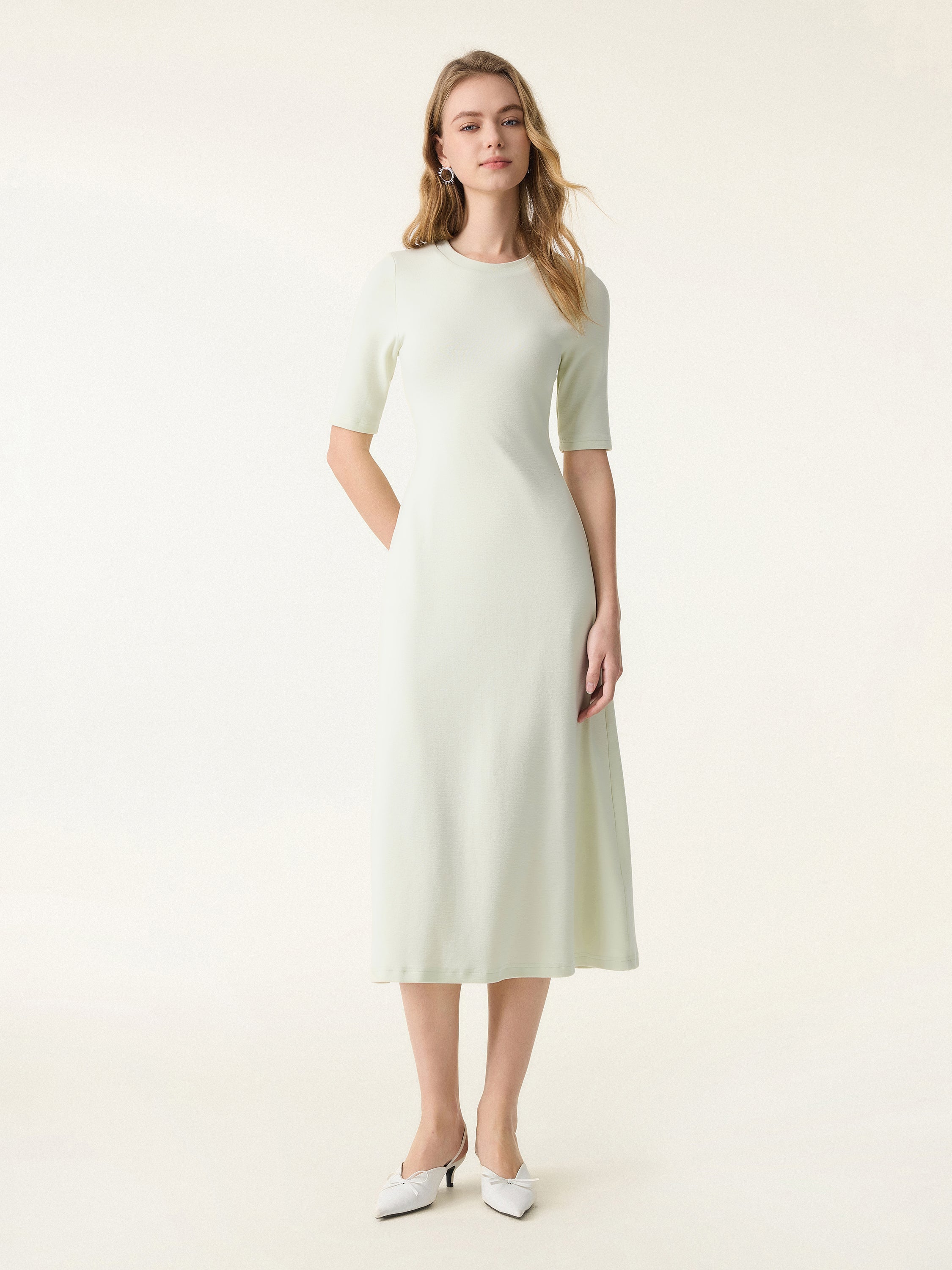 Cotton Lyocell Crewneck Midi Brami Dress with Pockets