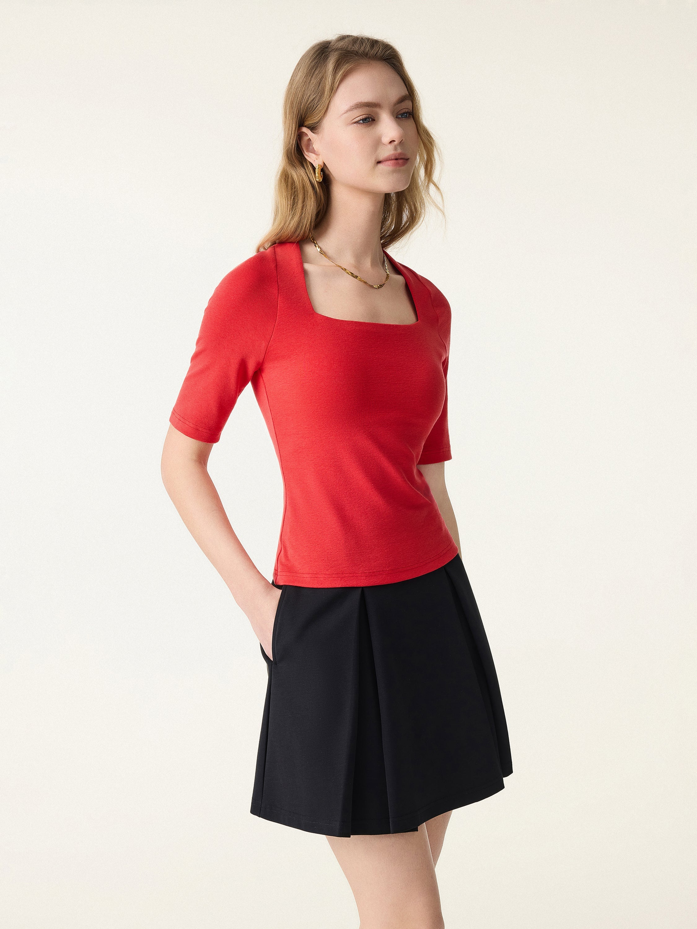 Cotton Lyocell Trapeze Neck Elbow Sleeve Brami