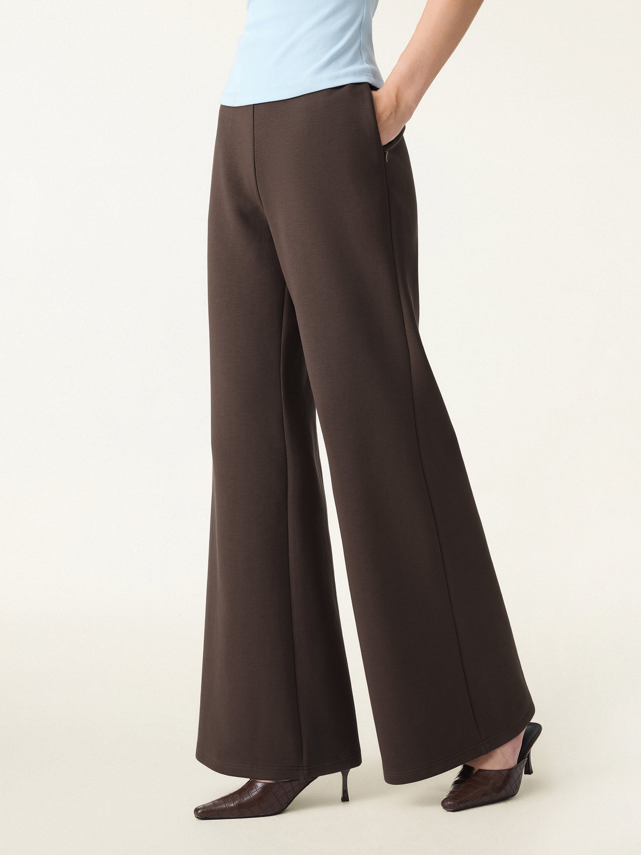 Petite Stretch Cotton Blend High Rise Flared Pull-on Pants