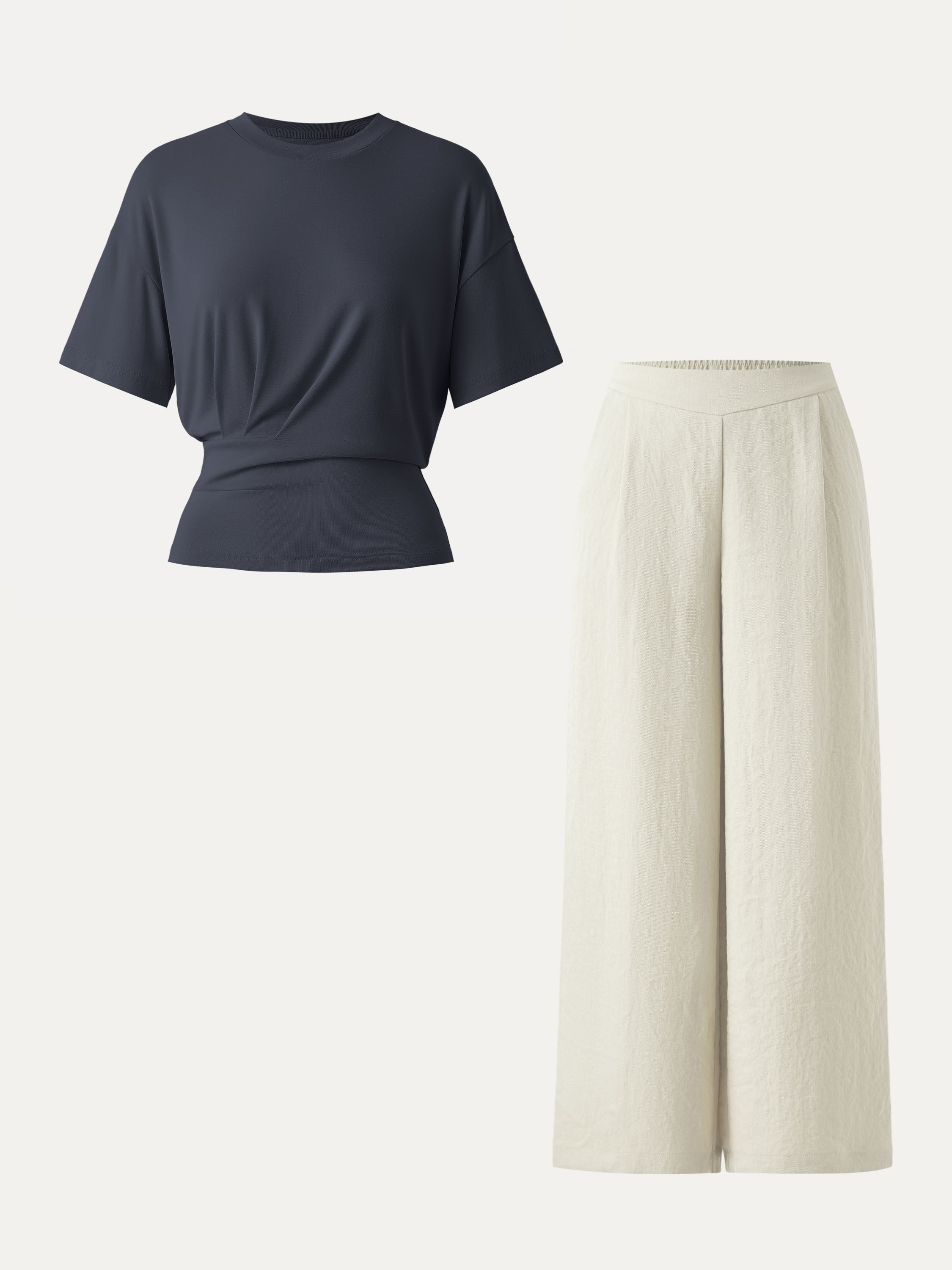 2Pcs Set Sandwashed Crewneck Short Sleeve Tee & Linen Mid Rise Wide Leg Pant with Pockets