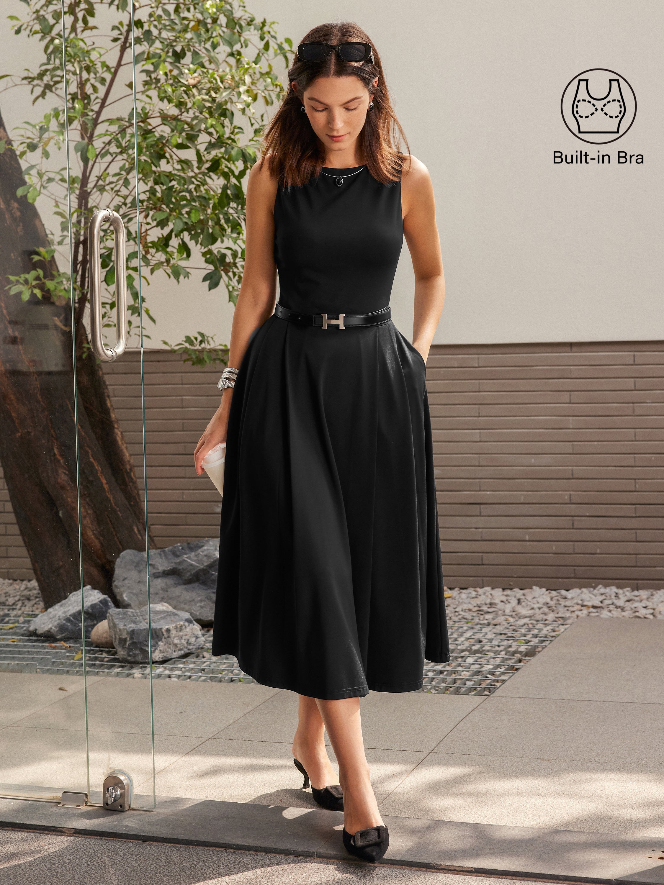 Boatneck Bamboo Ponte Brami Midi Dress with Pockets
