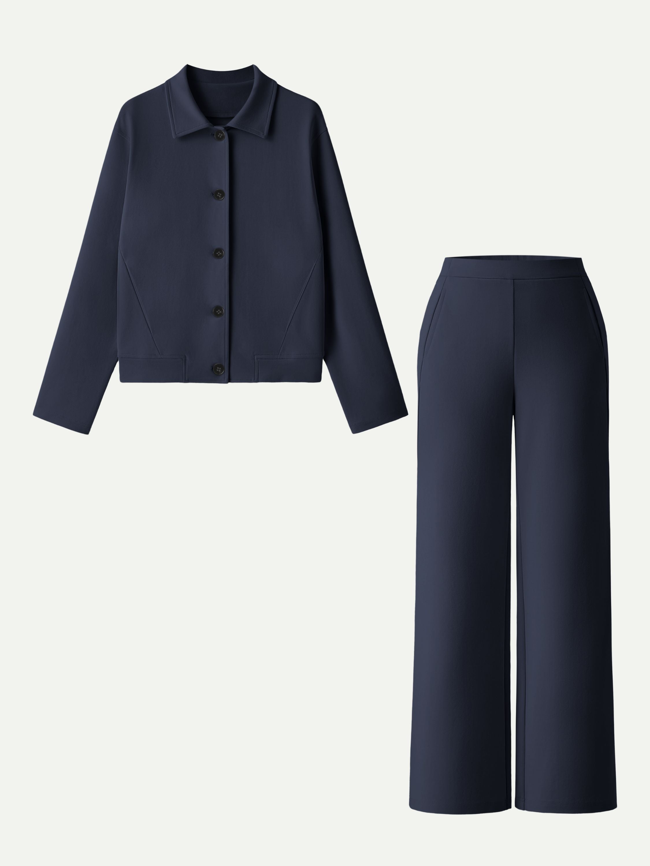 2Pcs Set Collared Button-Front Jacket & Straight Pull-on Pants with Pockets