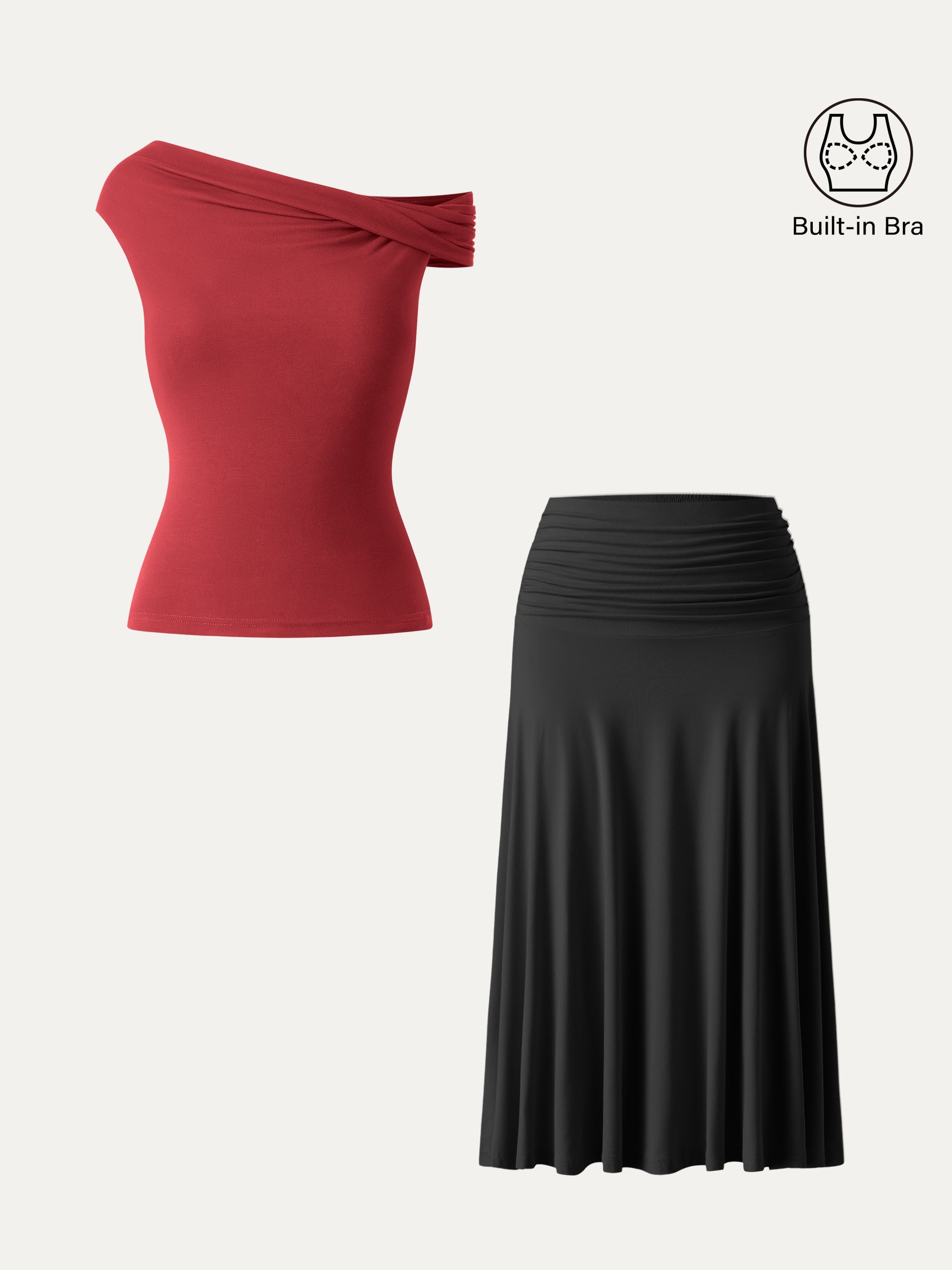 2Pcs Set Multi-wear Versatile Necklines Brami Top & Flowy Side Ruched A-line Midi Skirt