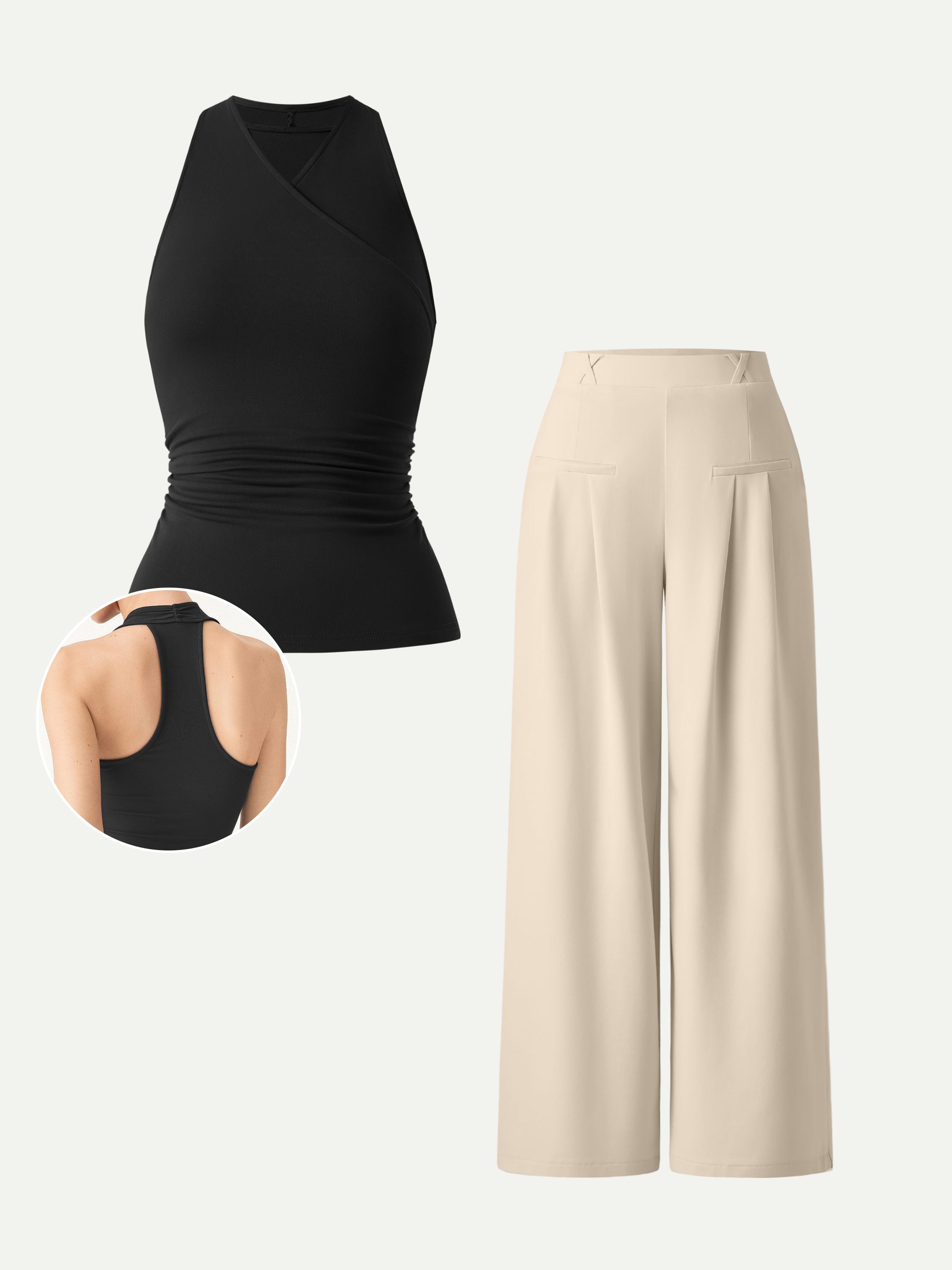 2Pcs Set Surplice Sleeveless Top & Mid Rise Wide Leg Trouser