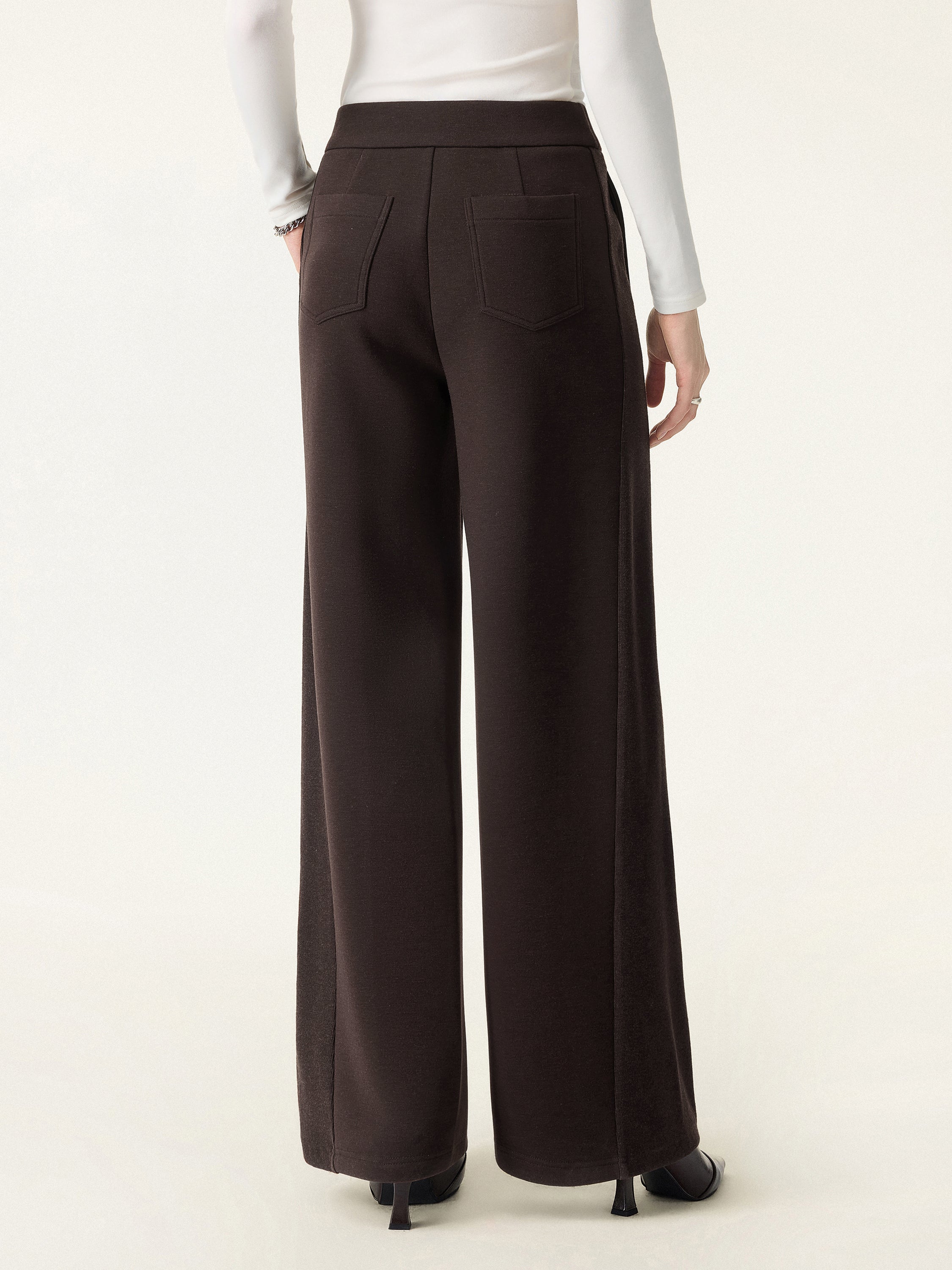 Ribbed Panel Mid Rise Wide Leg Pants with Pockets
