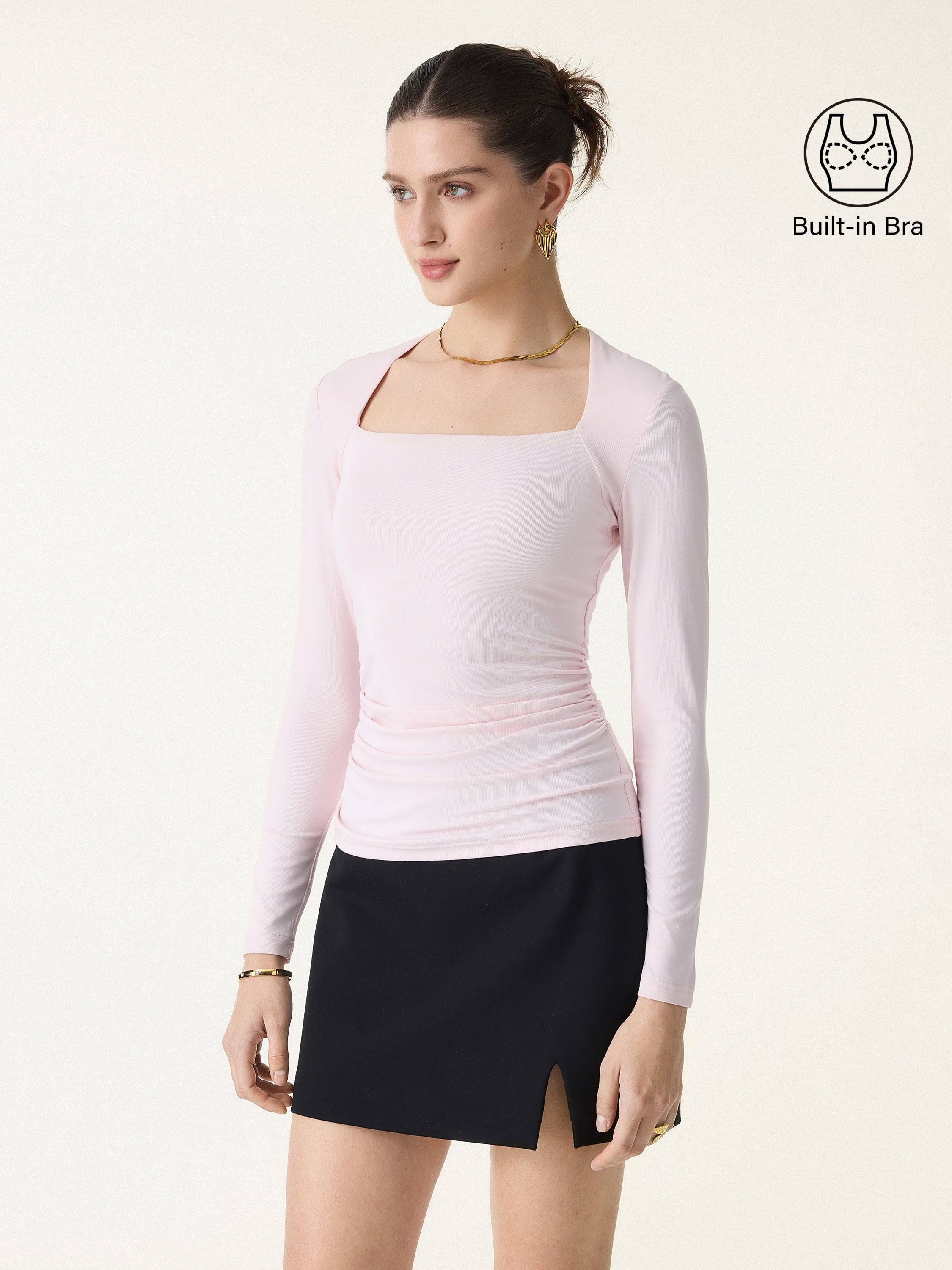 SkinKiss Trapeze Neck Ruched Long Sleeve Brami