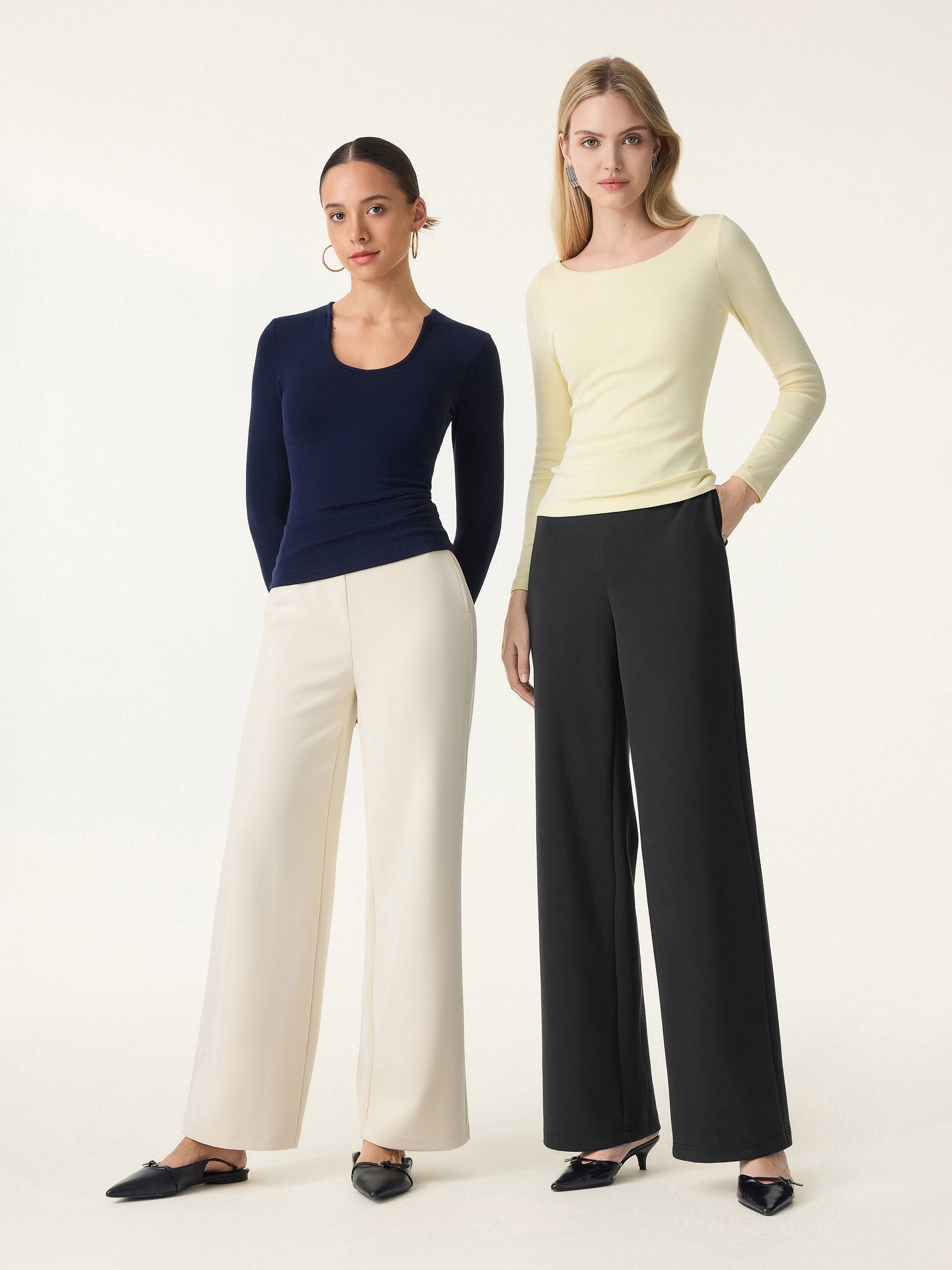 Stretch Cotton Blend Mid Rise Straight Leg Pants with Pockets