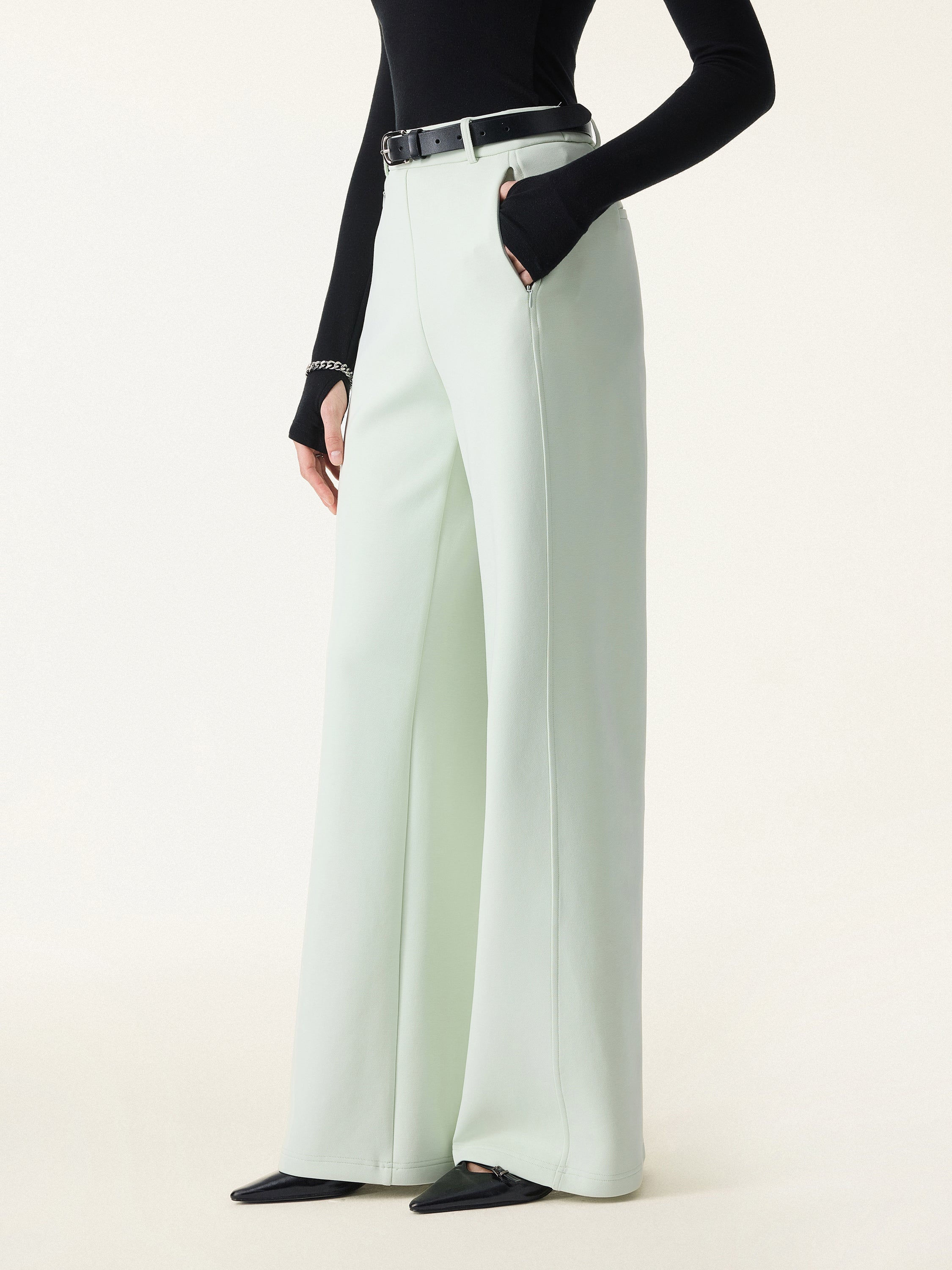 2Pcs Set Mockneck Cropped Brami & Slimming High Rise Wide Leg Pants