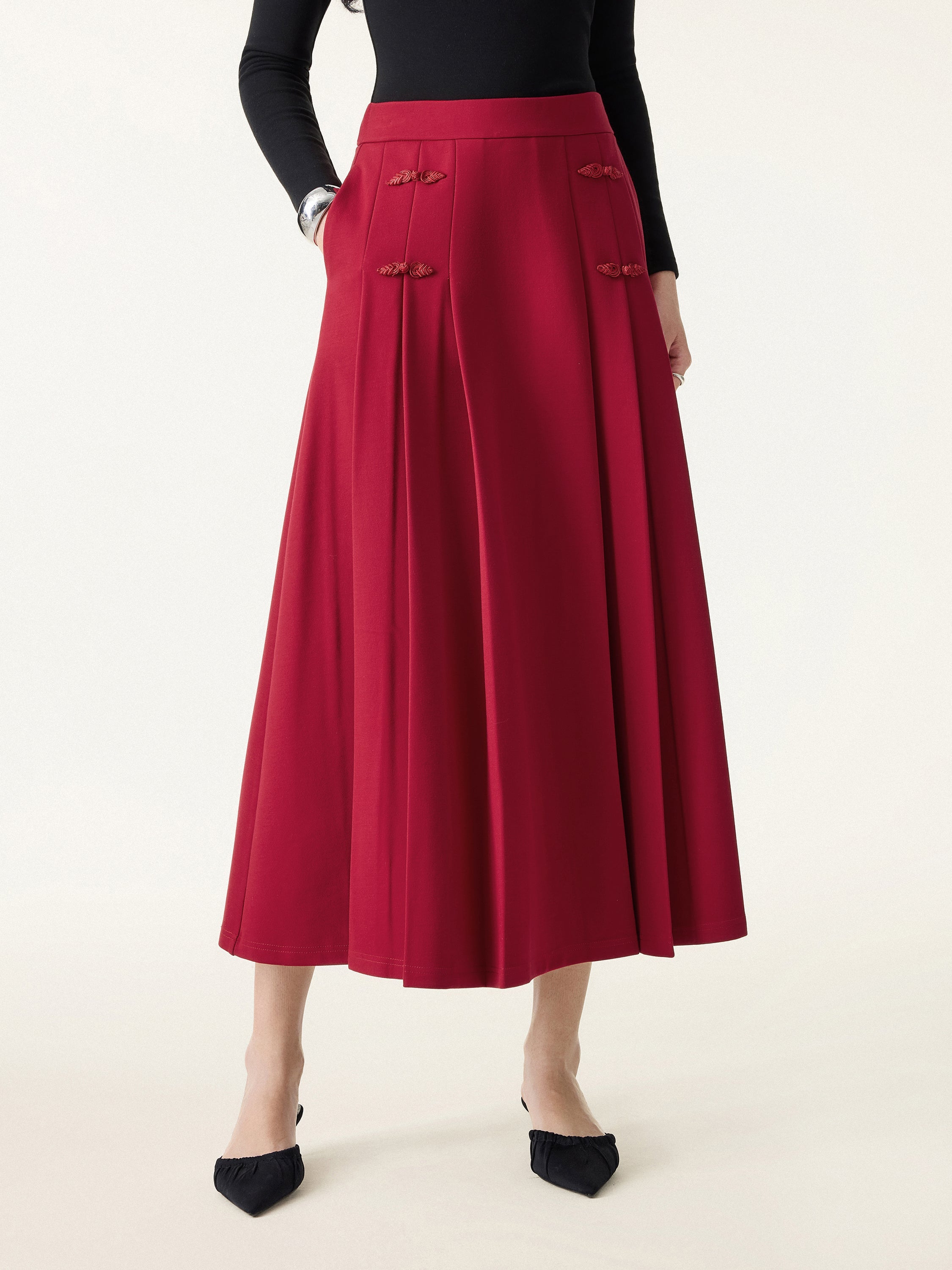 Pleated Frog Button Decor Midi A-line Skirt Limited Edition