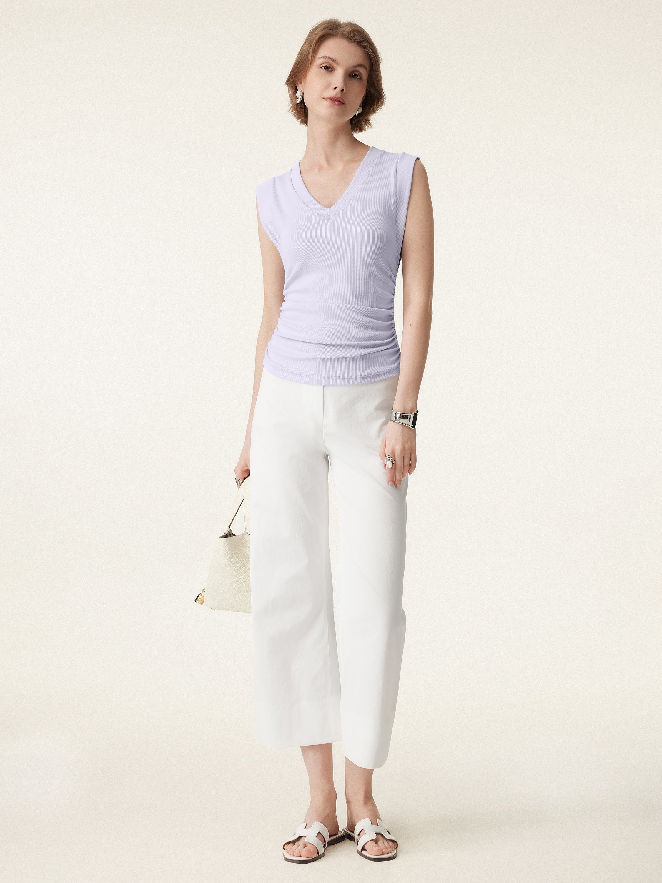 Stretch Cotton V-neck Side Ruched Muscle Brami Top