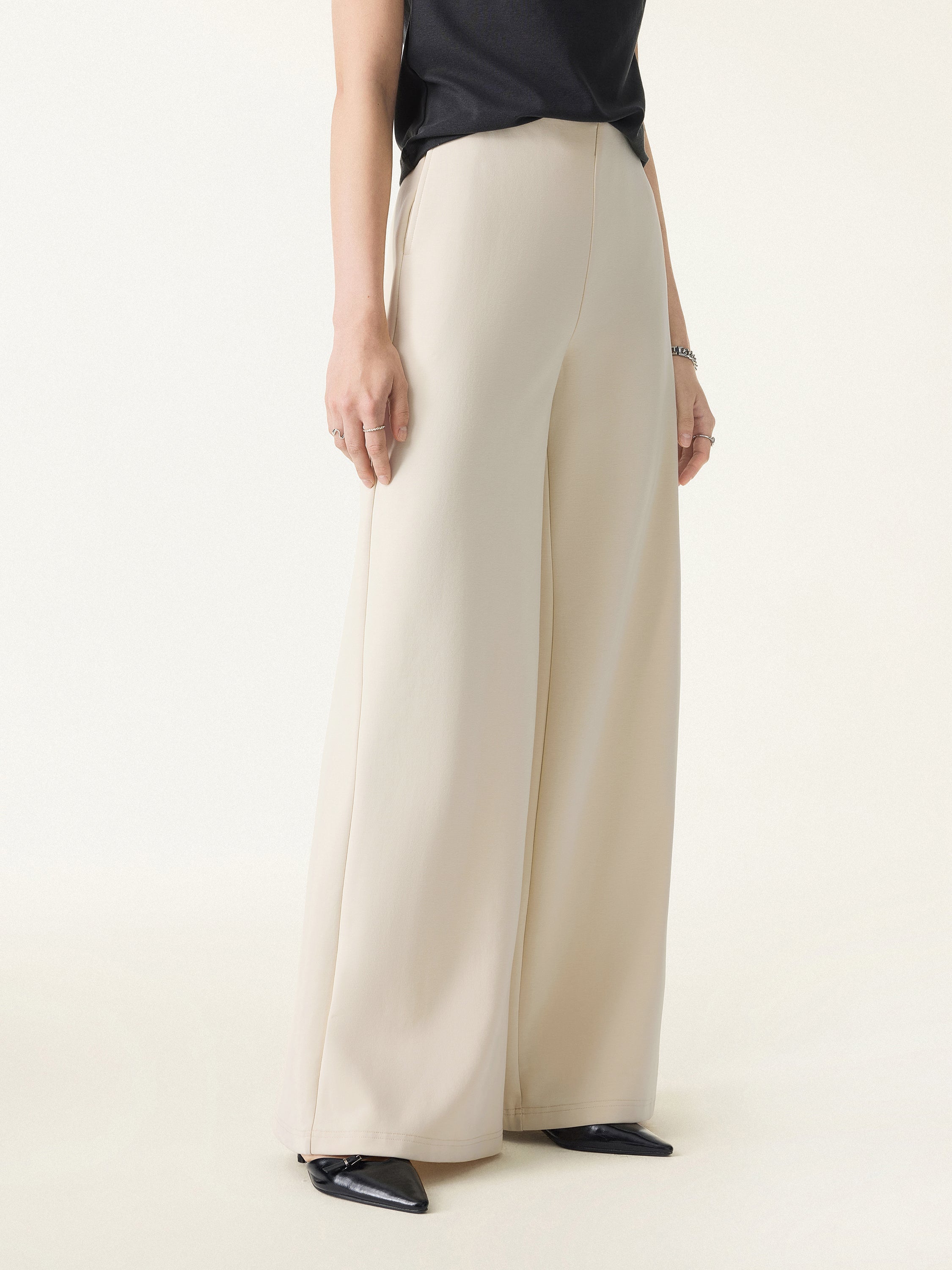 Stretch Cotton Blend Mid Rise Wide Leg Pants with Pockets