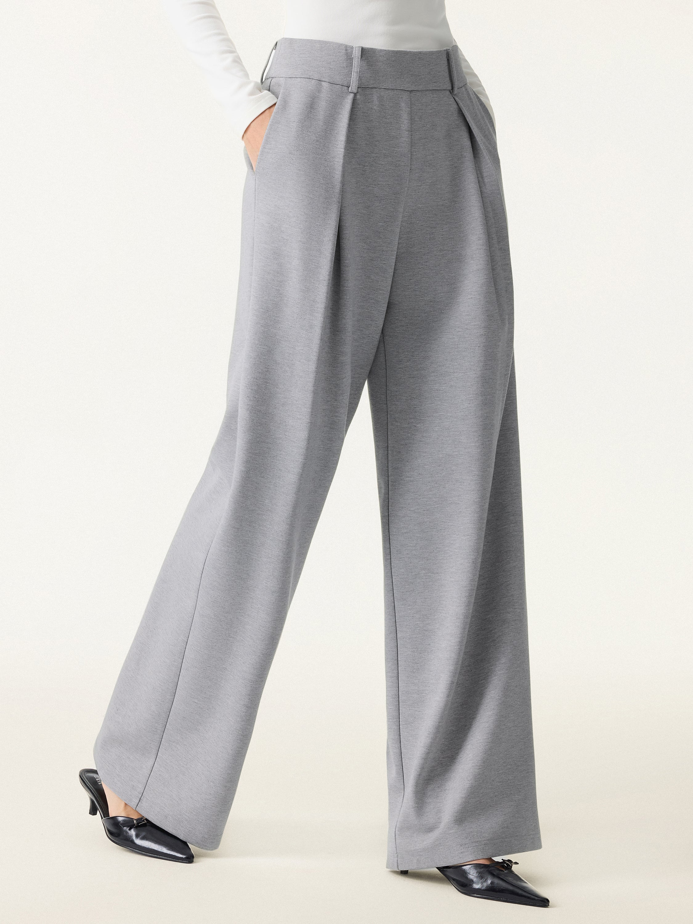 Wrinkle-Resistant Stretchy High Rise Wide Leg Pants with Pockets