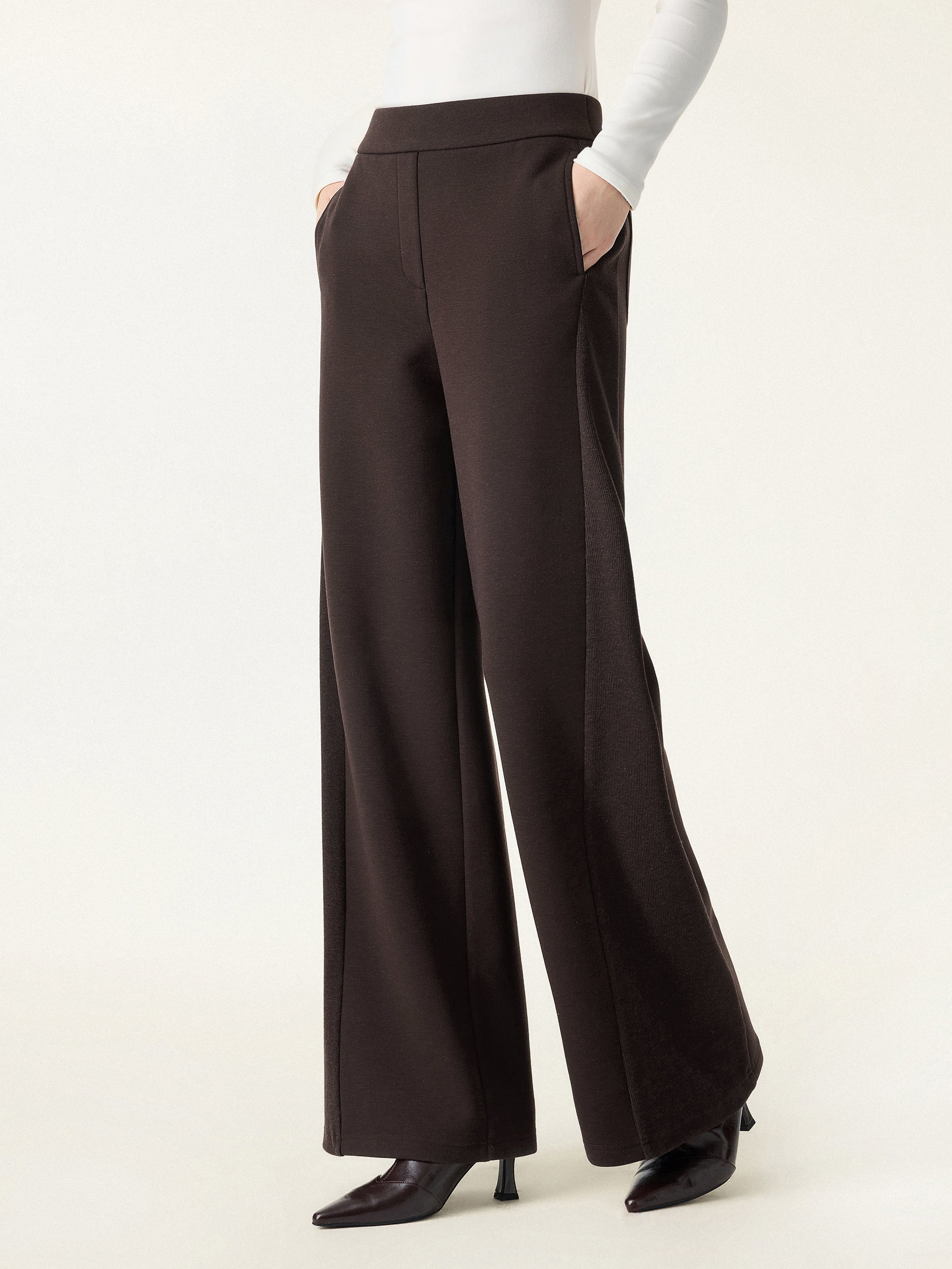 Ribbed Panel Mid Rise Wide Leg Pants with Pockets