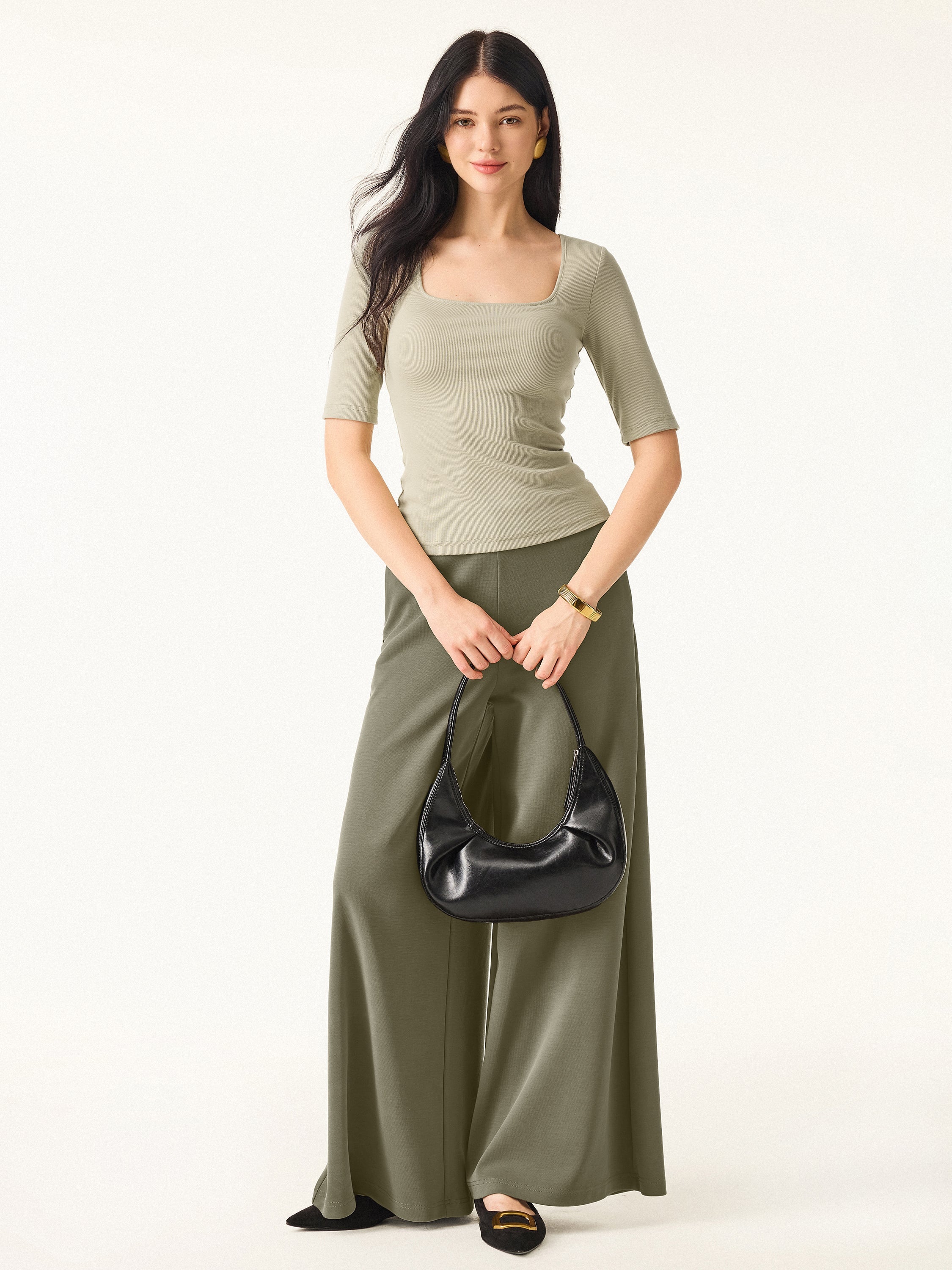 Essential Stretch Cotton Square Neck Elbow Length Sleeve Brami