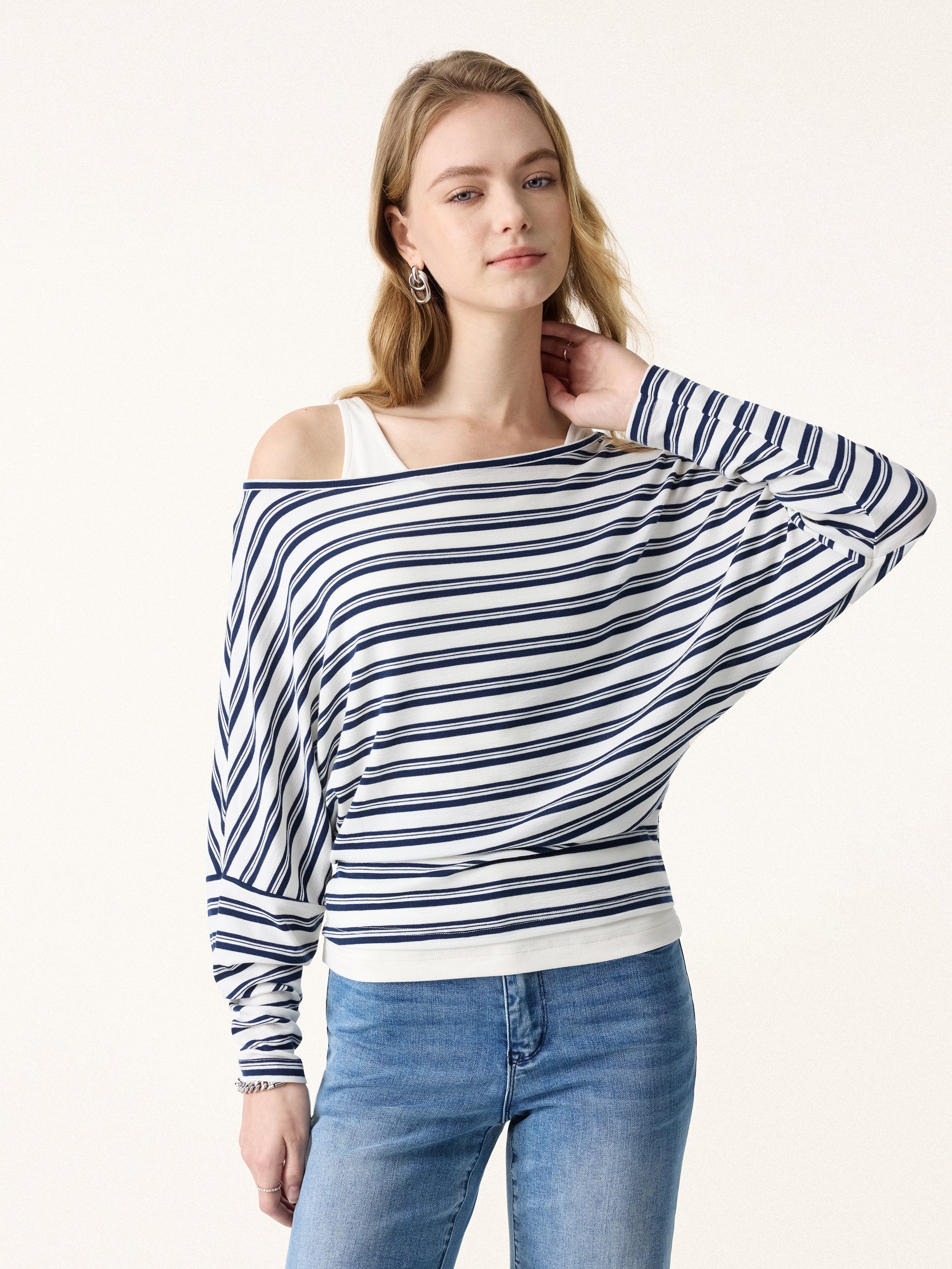 Lyocell Wool Striped Boatneck Batwing Sleeves Top