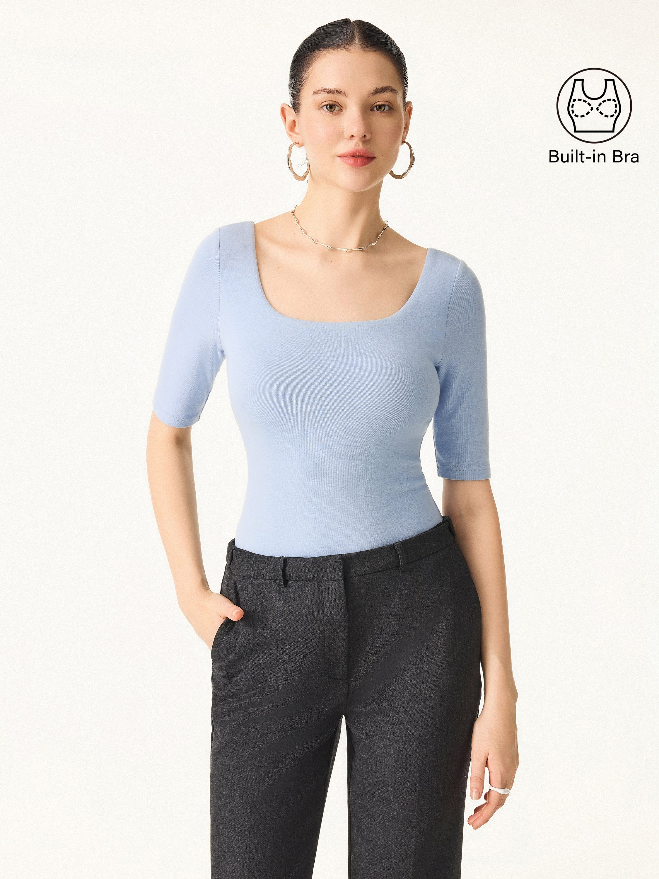 2Pcs Set Square Neck Elbow Length Sleeve Brami & High Rise Wide Leg Pants