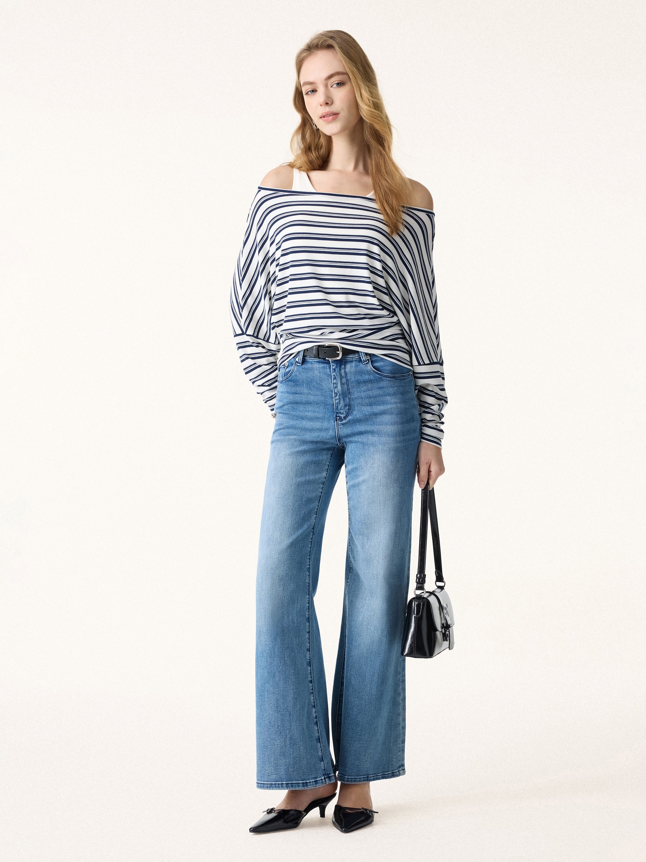 Lyocell Wool Striped Boatneck Batwing Sleeves Top
