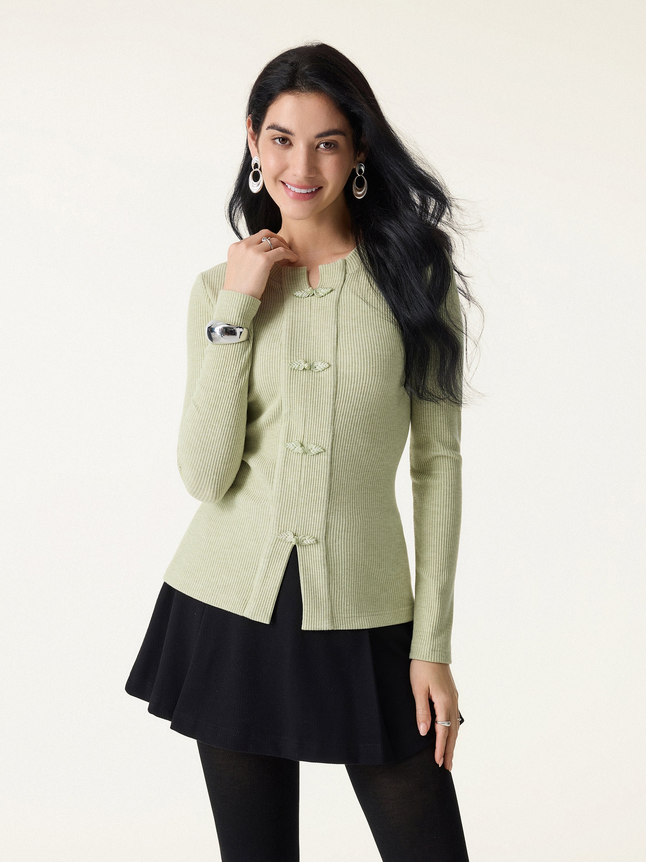 Ribbed Frog Button Round Neck Long Sleeve Top Limited Edition