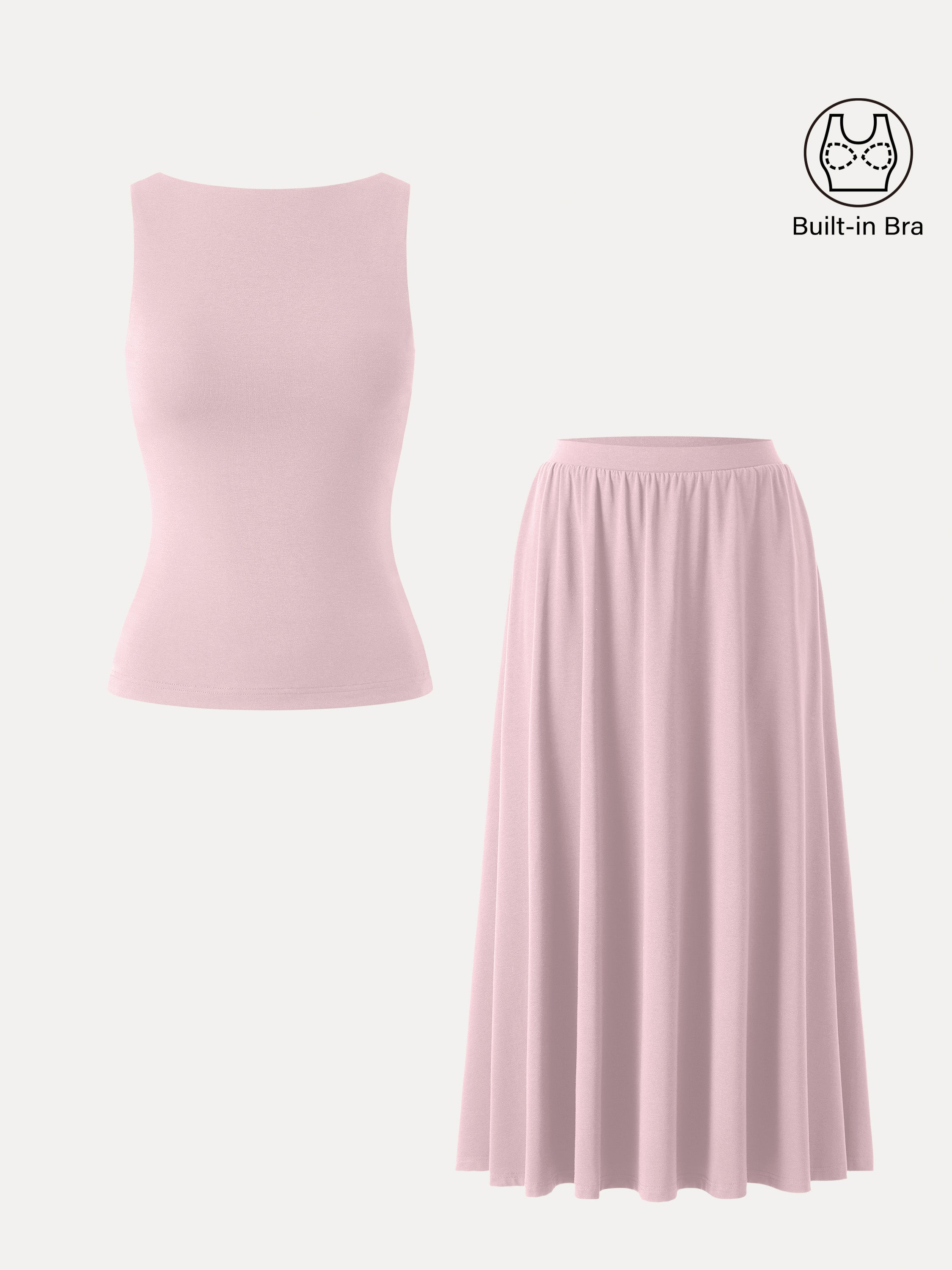 2Pcs Set Stretch Cotton Boatneck Brami Tank & Maxi Umbrella Skirt with Pockets