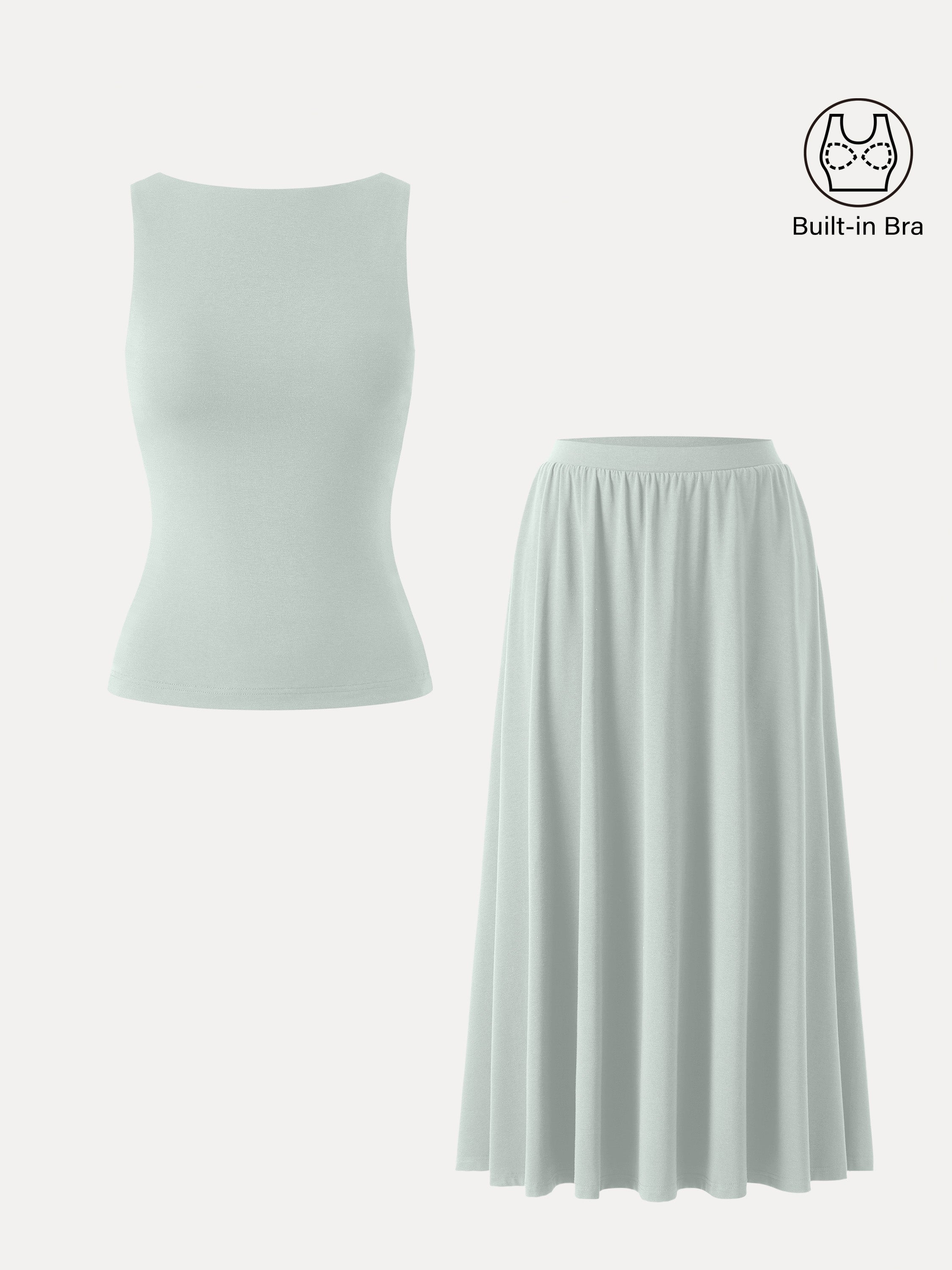 2Pcs Set Stretch Cotton Boatneck Brami Tank & Maxi Umbrella Skirt with Pockets