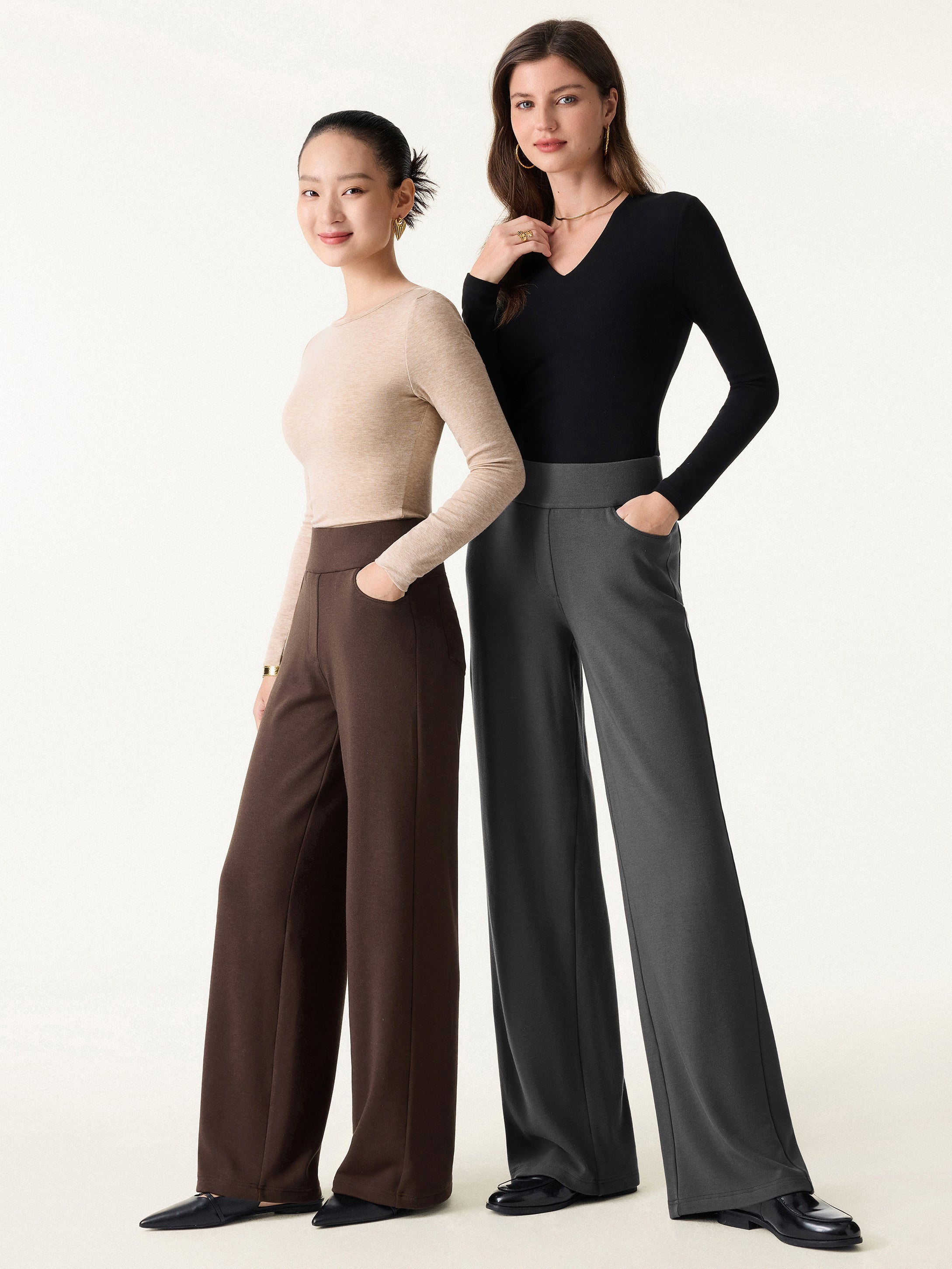 Mid Rise Wide Waistband Wide Leg Pull-on Pants with Pockets