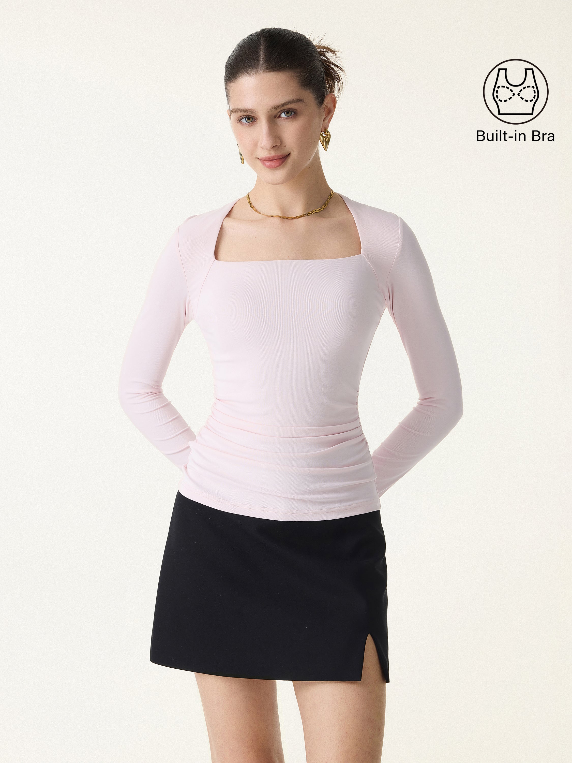 SkinKiss Trapeze Neck Ruched Long Sleeve Brami