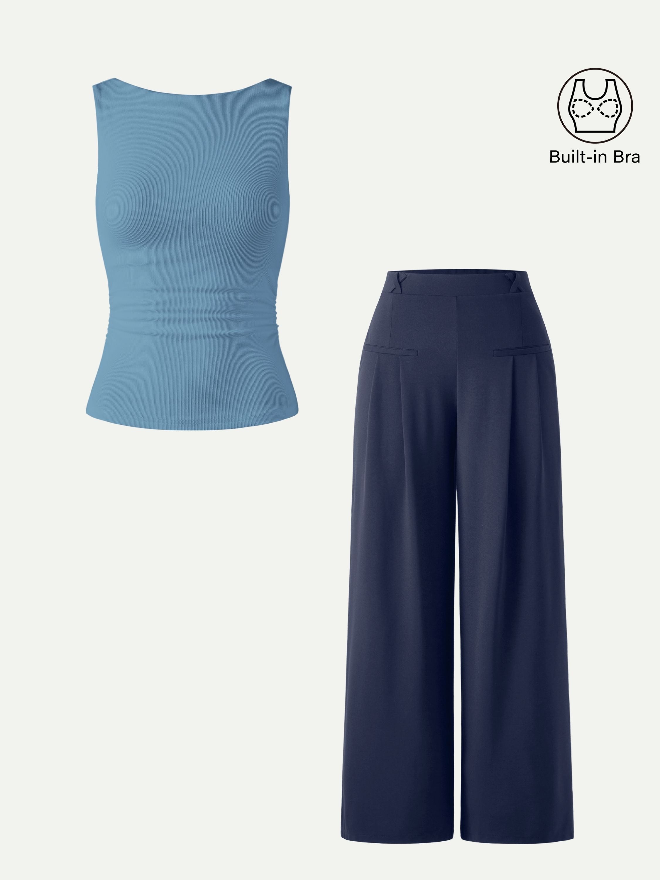 2Pcs Set Open Back Brami & Mid Rise Wide Leg Trouser with Pockets