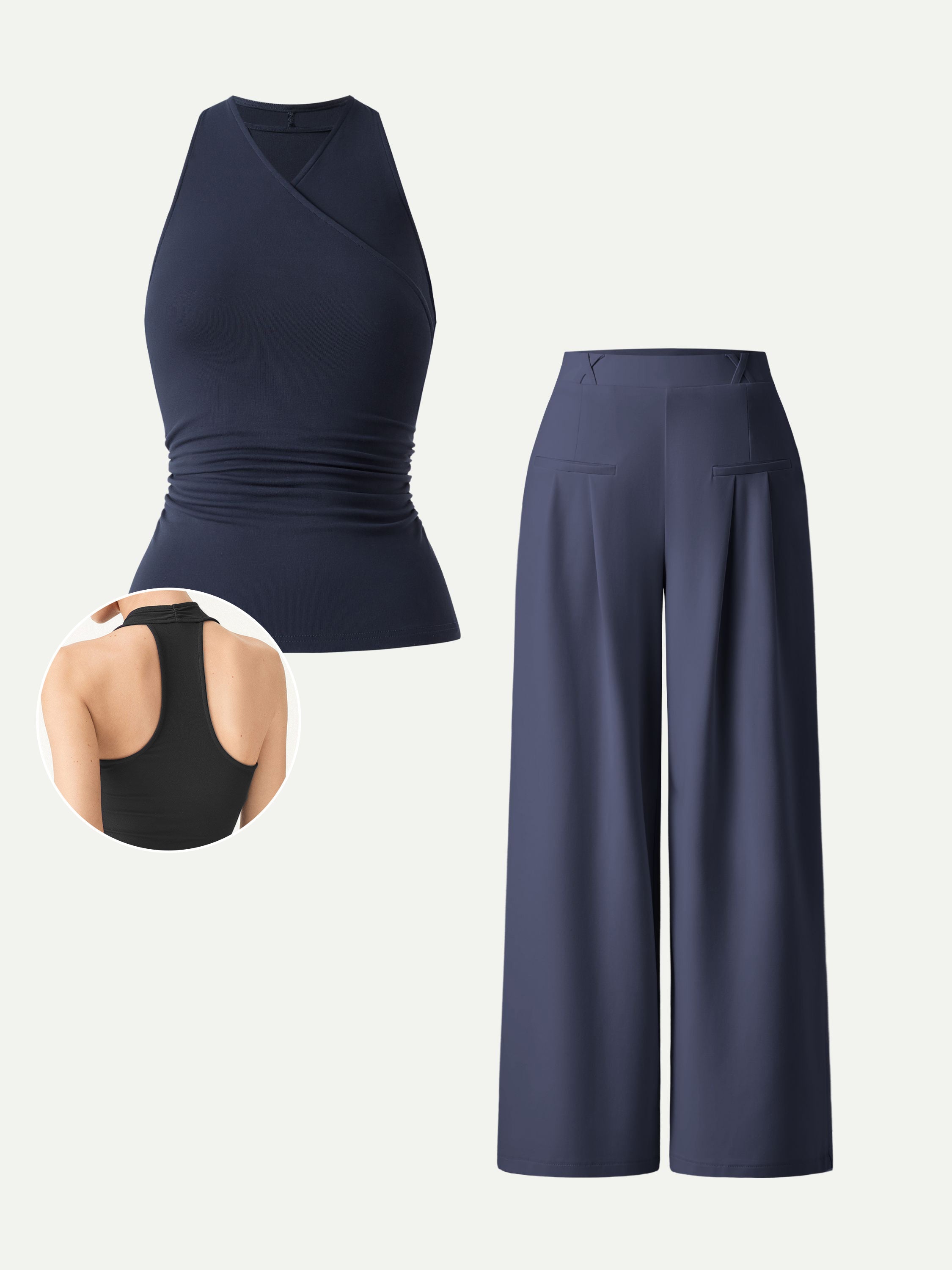 2Pcs Set Surplice Sleeveless Top & Mid Rise Wide Leg Trouser
