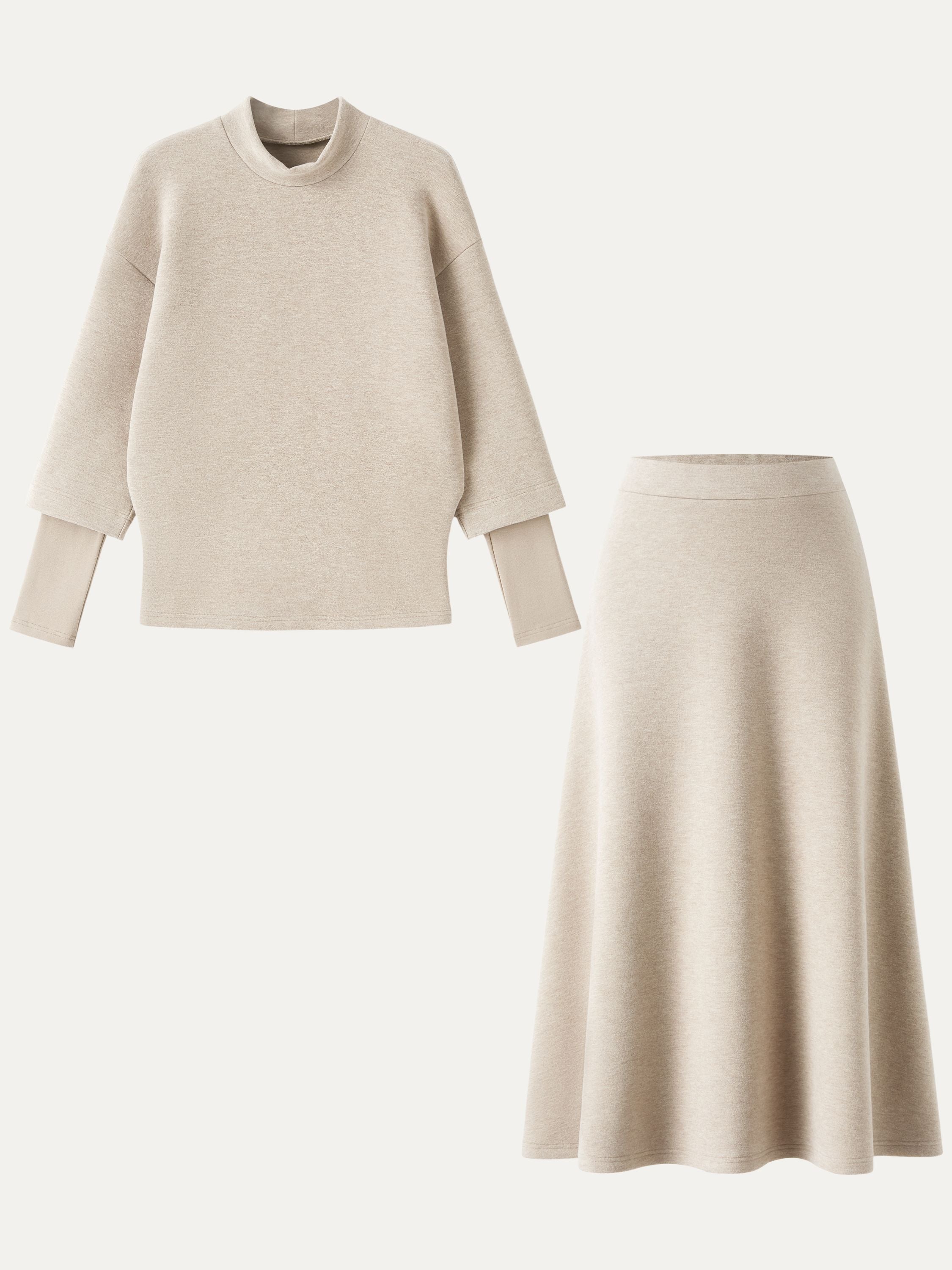 2Pcs Set FuzzLuxe Mockneck Sleeve-Warmer Top &  Midi A-line Circle Skirt