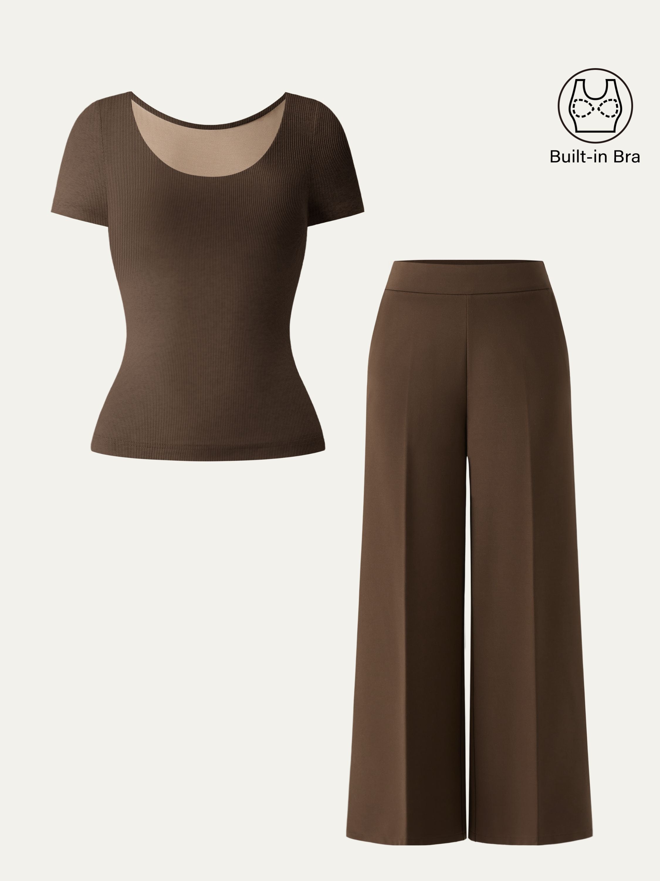 2Pcs Set Scoop Neck Cotton Brami & High Rise Wide Leg Trouser with Pockets