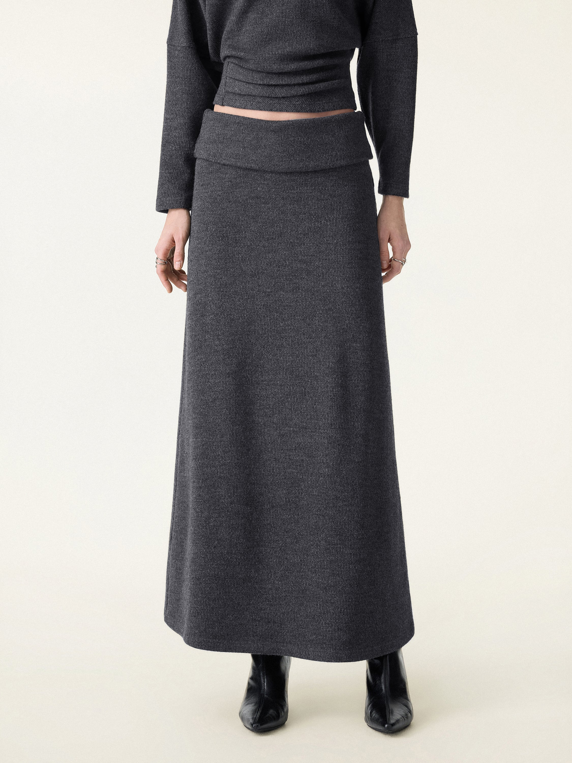 Cozy Ribbed Fold-Down Waistband A-line Maxi Skirt