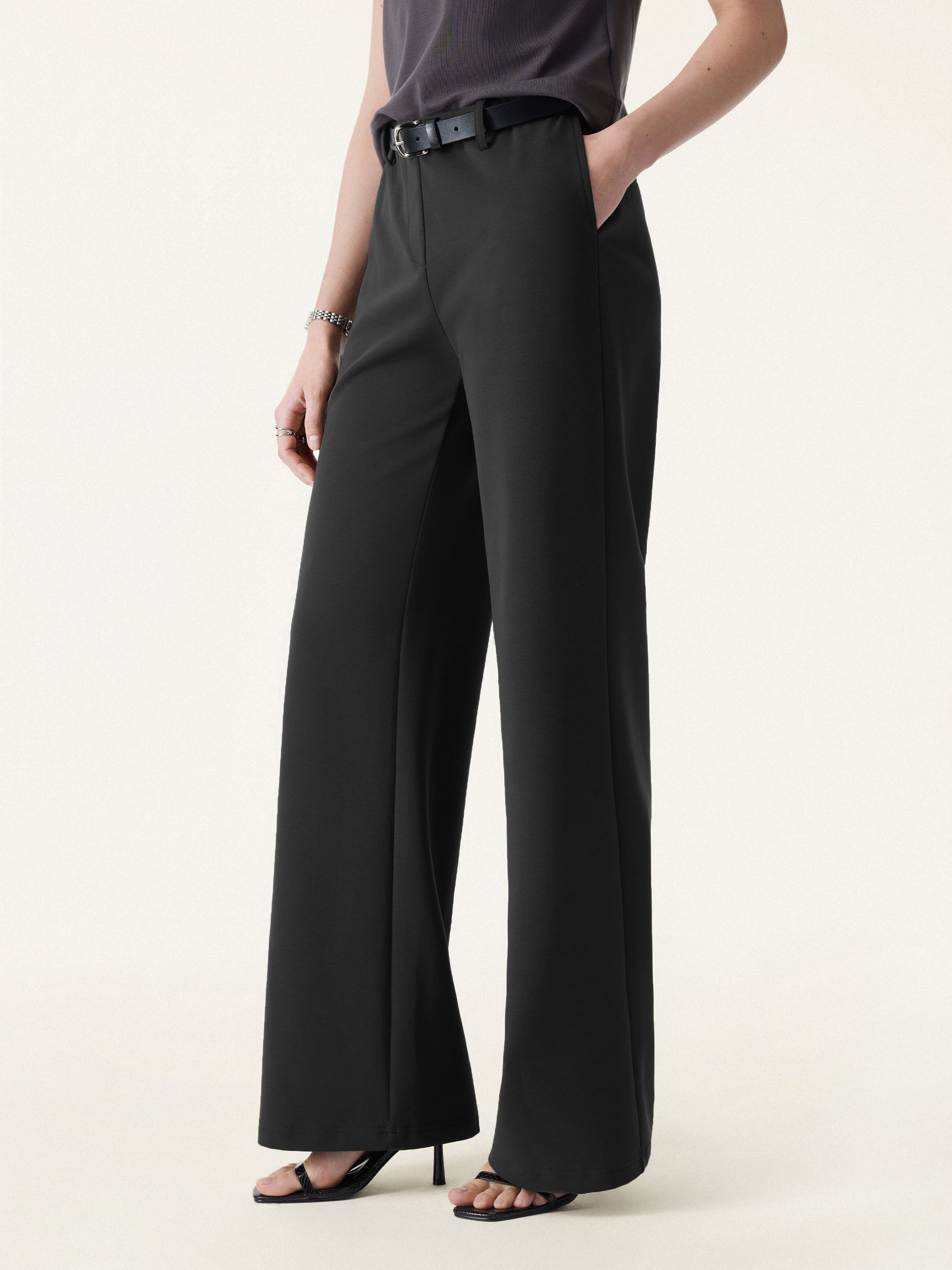 Stretch Cotton Mid Rise Flared Wide Leg Pull-on Pants with Pockets