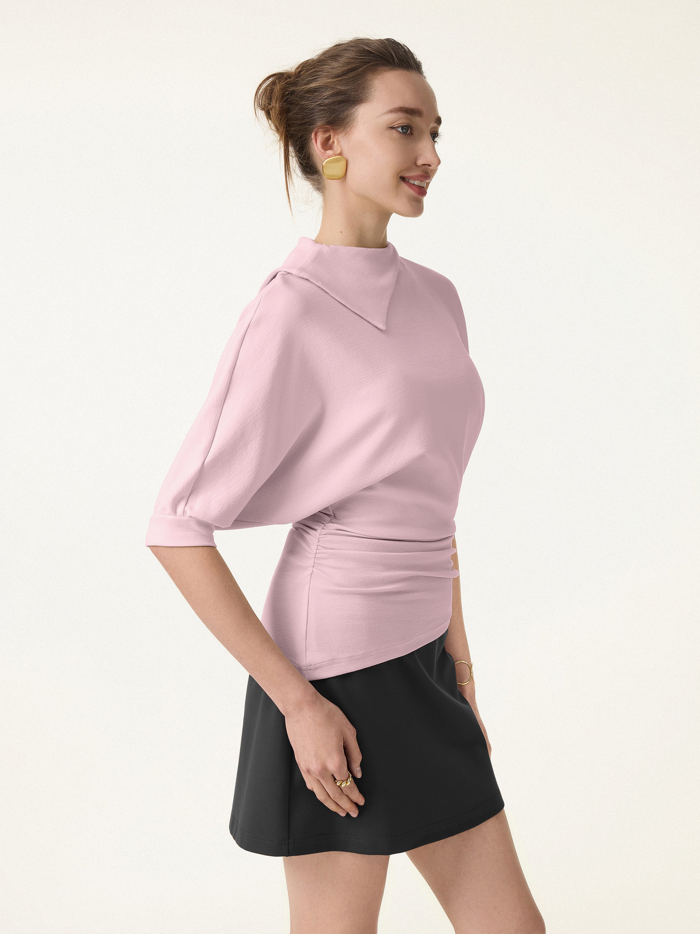 Cotton Lyocell Elbow Sleeve Ruched Tee