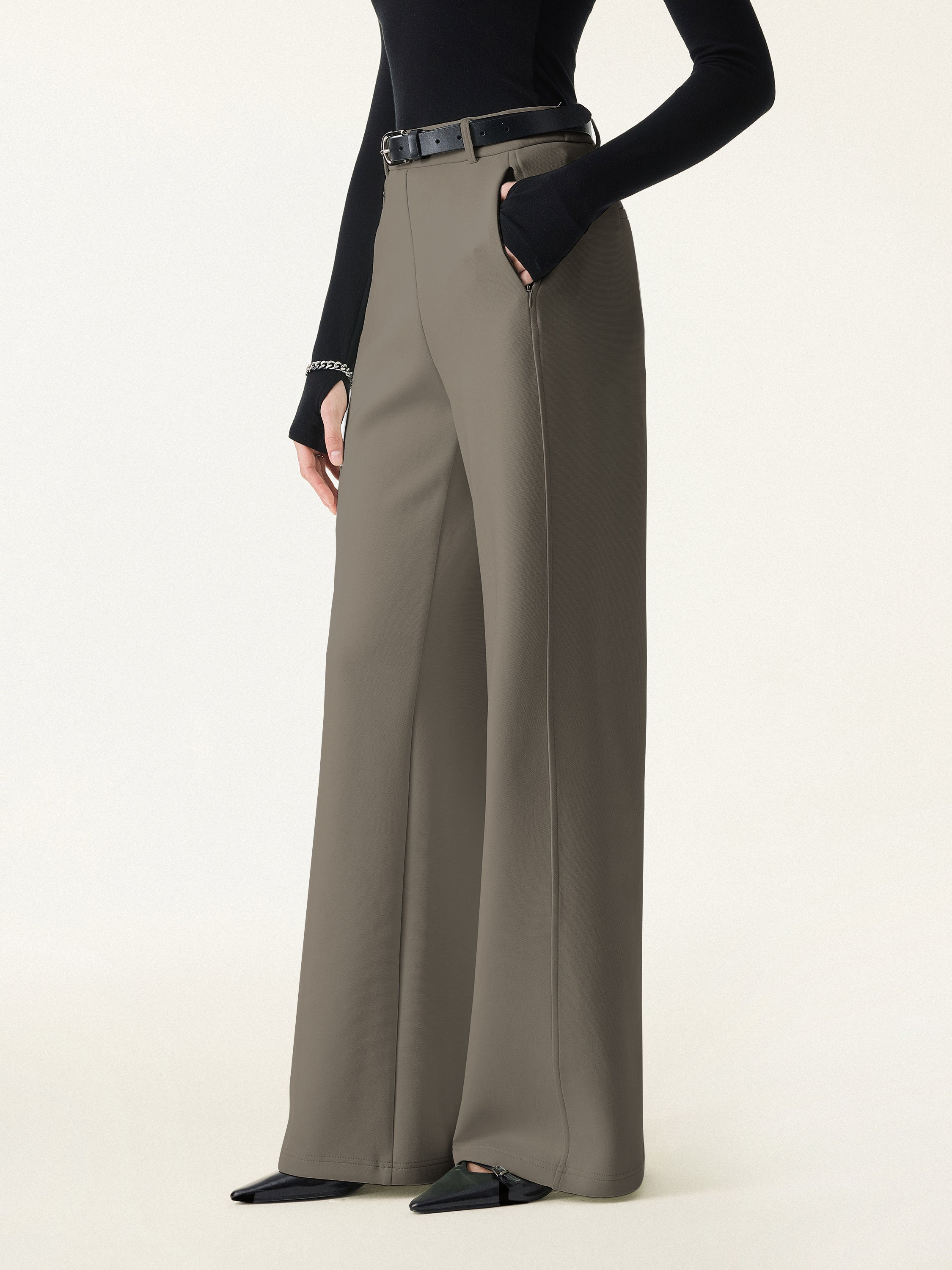 2Pcs Set Square Neck Elbow Length Sleeve Brami & High Rise Wide Leg Pants