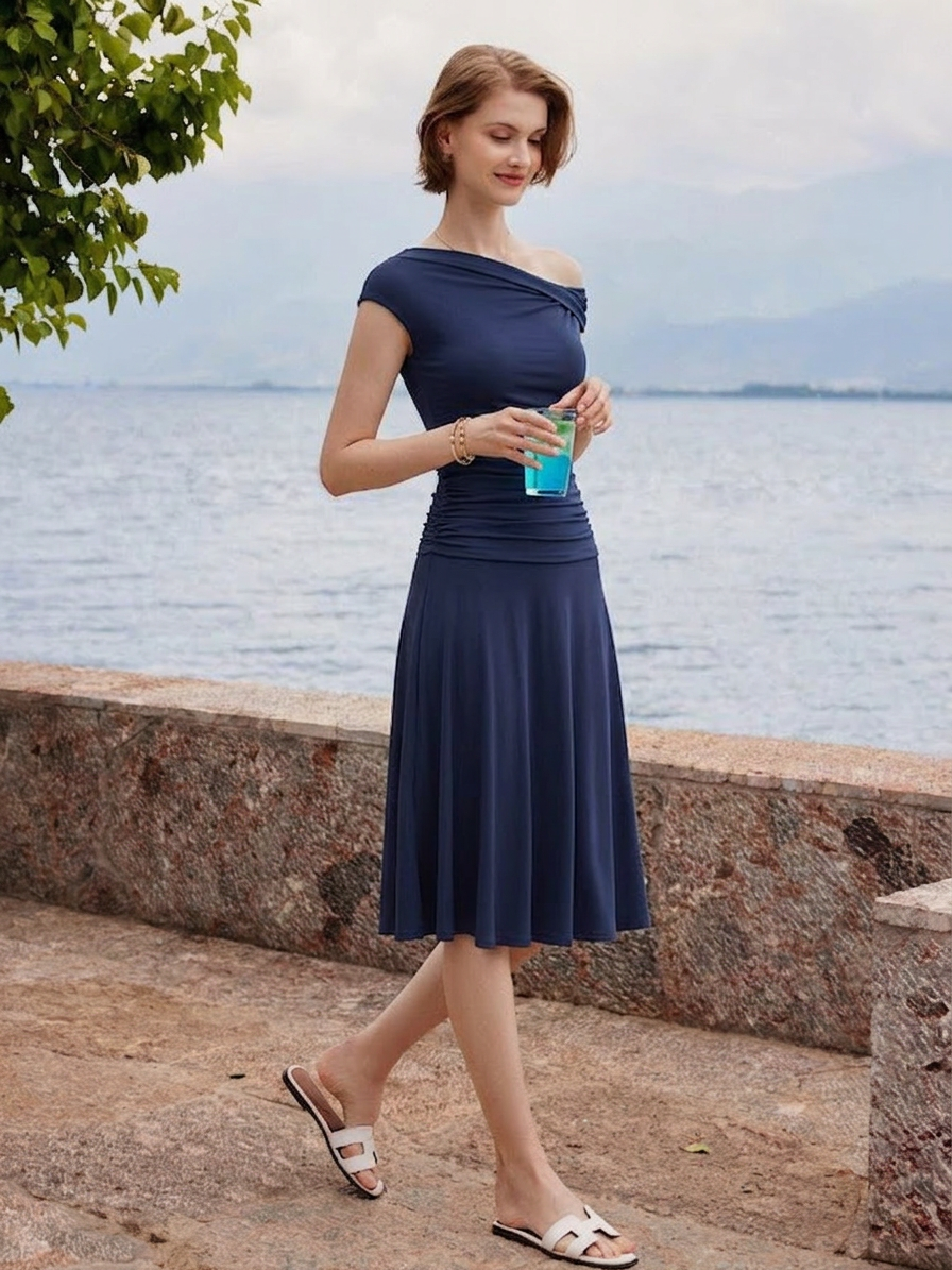 2Pcs Set Multi-wear Versatile Necklines Brami Top & Flowy Side Ruched A-line Midi Skirt