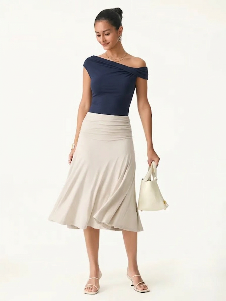 2Pcs Set Multi-wear Versatile Necklines Brami Top & Flowy Side Ruched A-line Midi Skirt