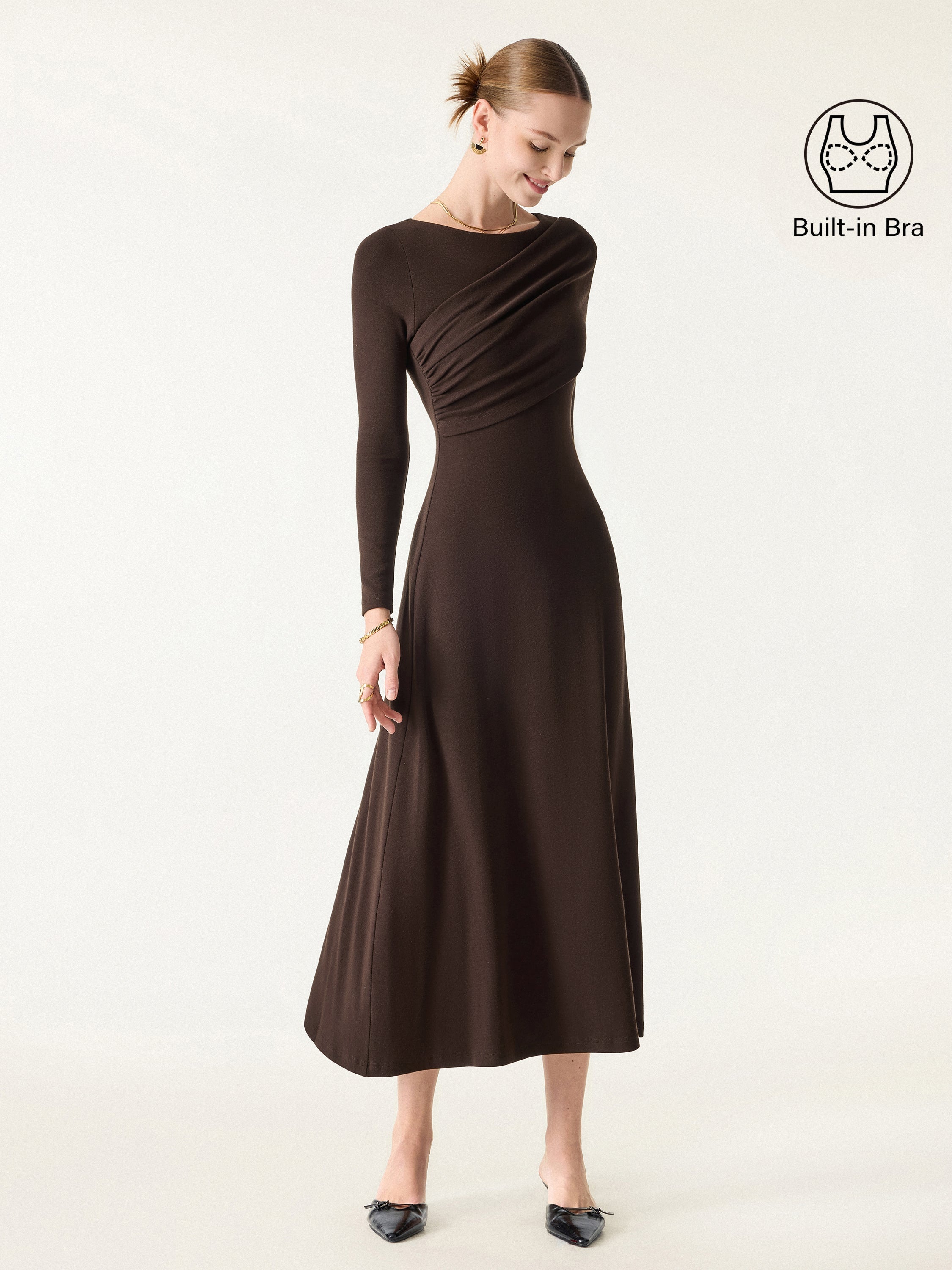 Chic Boatneck Ruched Midi Brami Dress