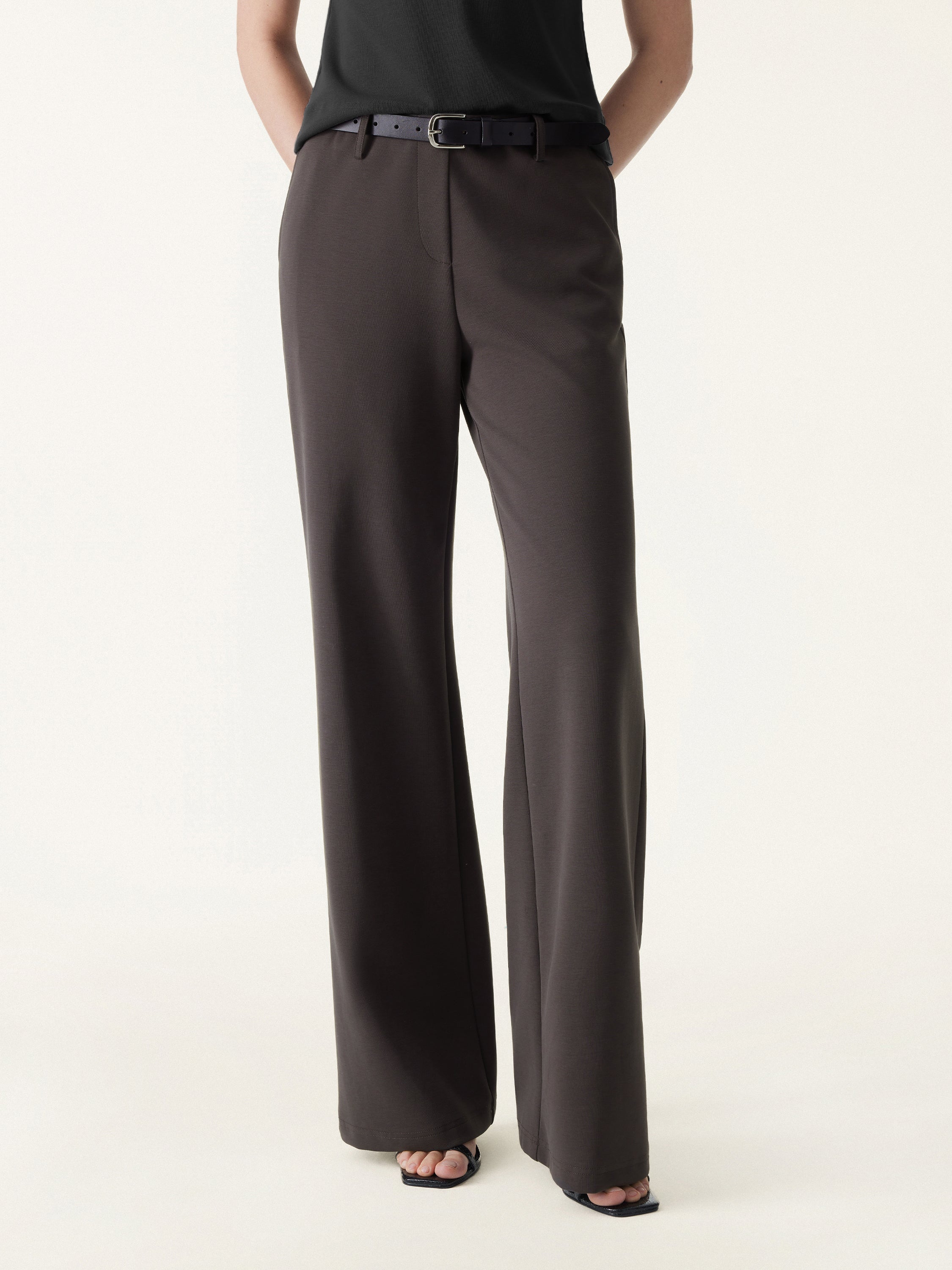 Stretch Cotton Mid Rise Flared Wide Leg Pull-on Pants with Pockets