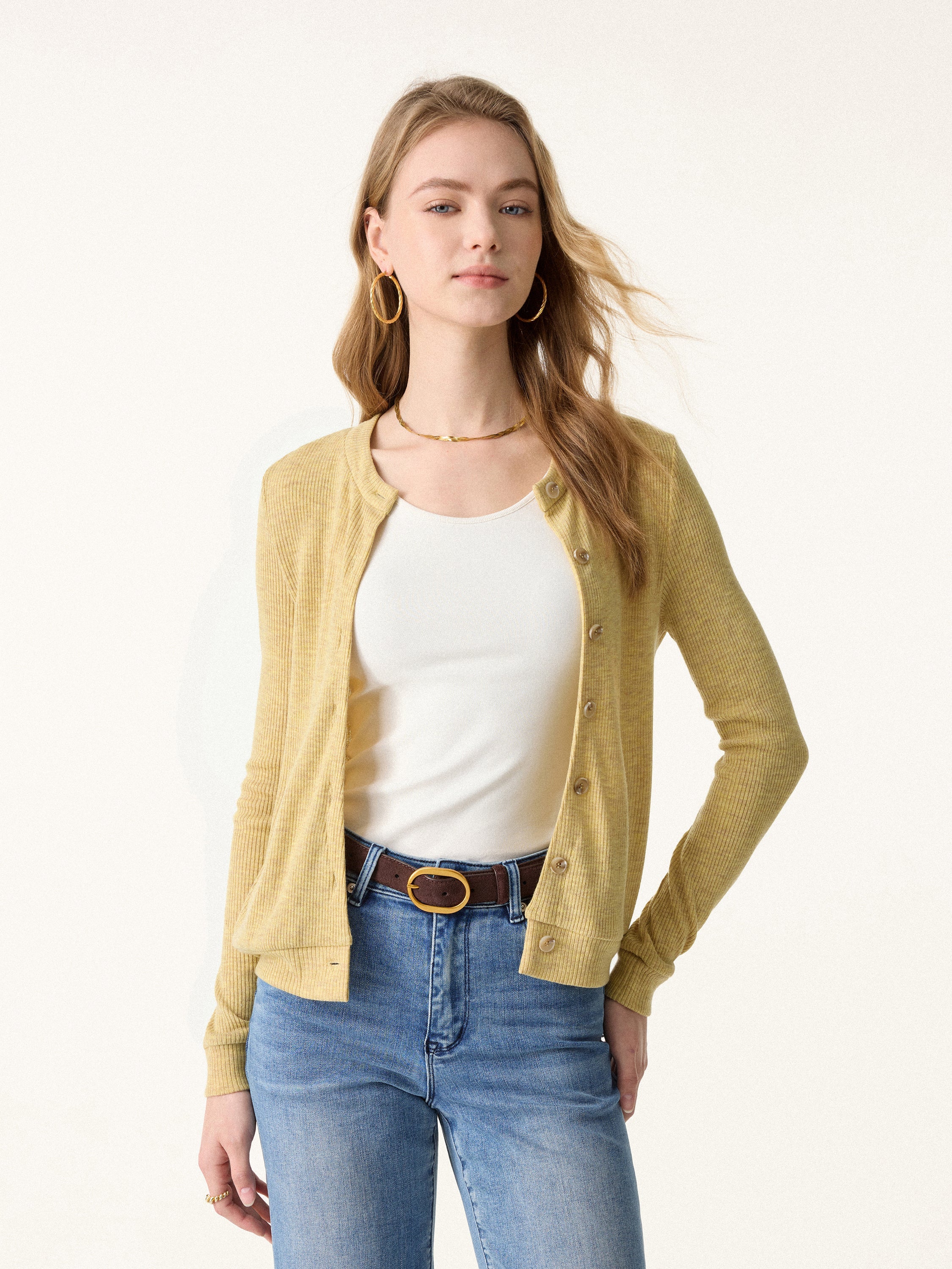 Relaxed Fit Round Neck Button Front Cardigan