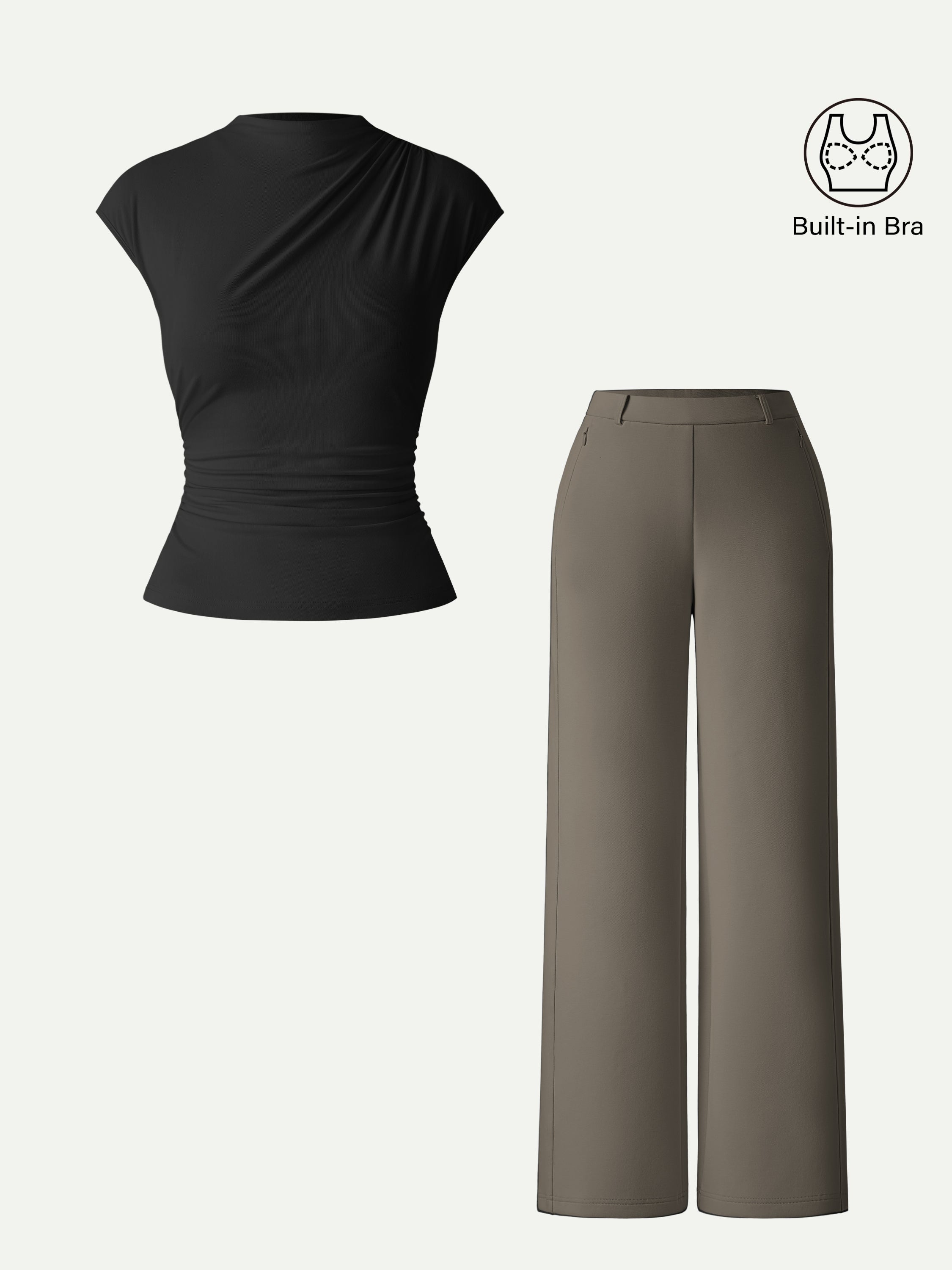 2Pcs Set Mockneck Cropped Brami & Slimming High Rise Wide Leg Pants