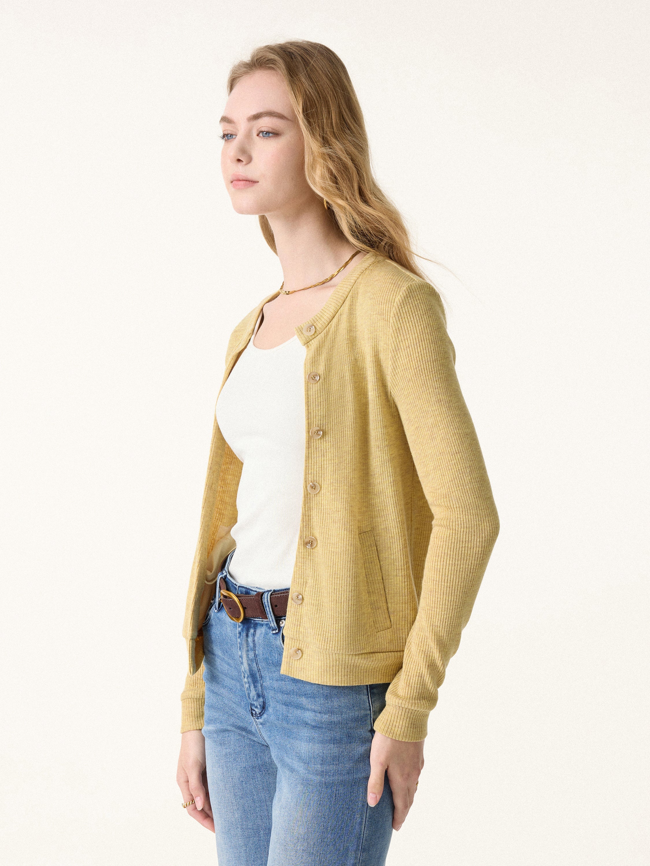 Relaxed Fit Round Neck Button Front Cardigan