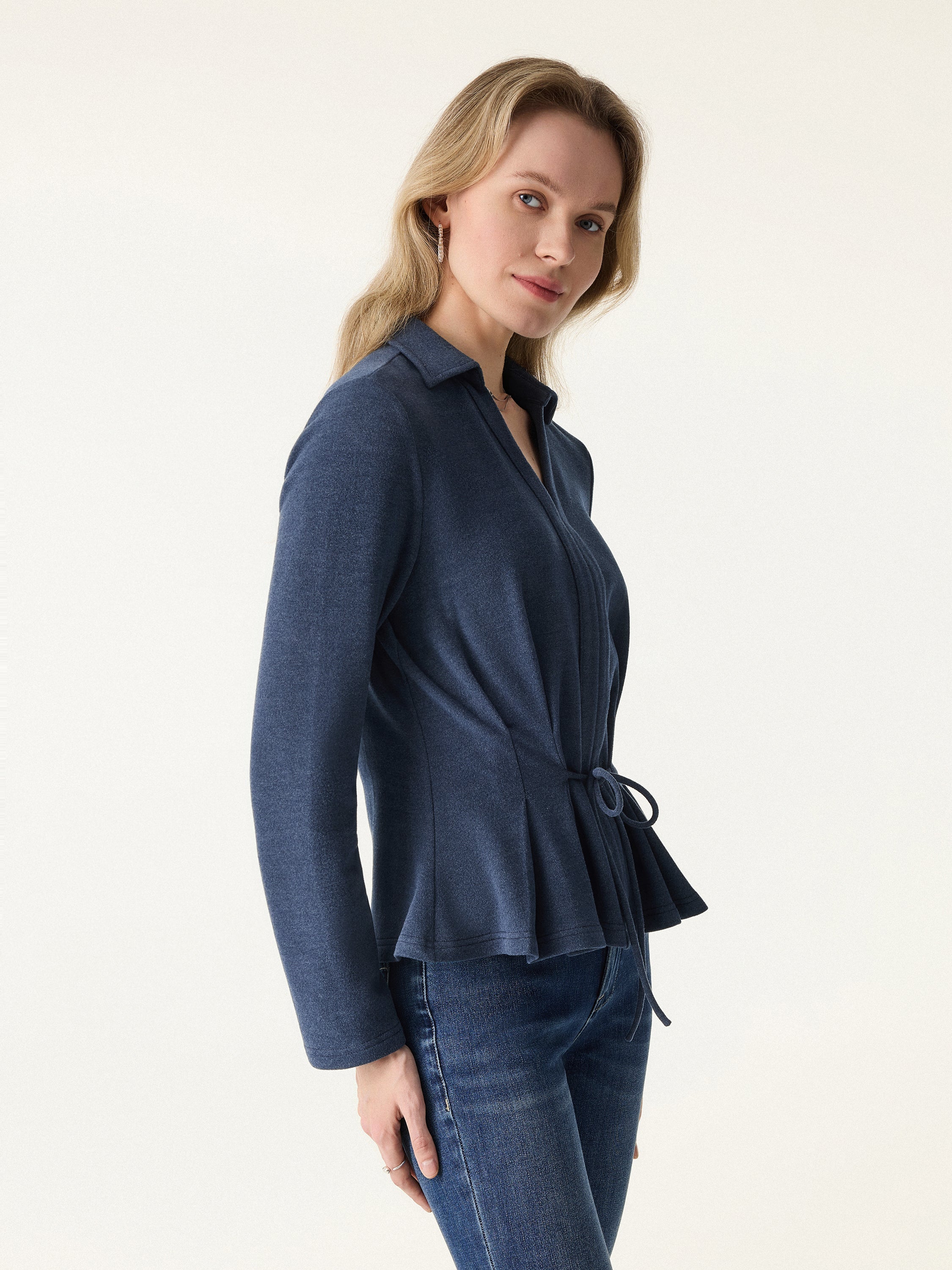 Polo Neck Drawstring Tie Long Sleeve Top