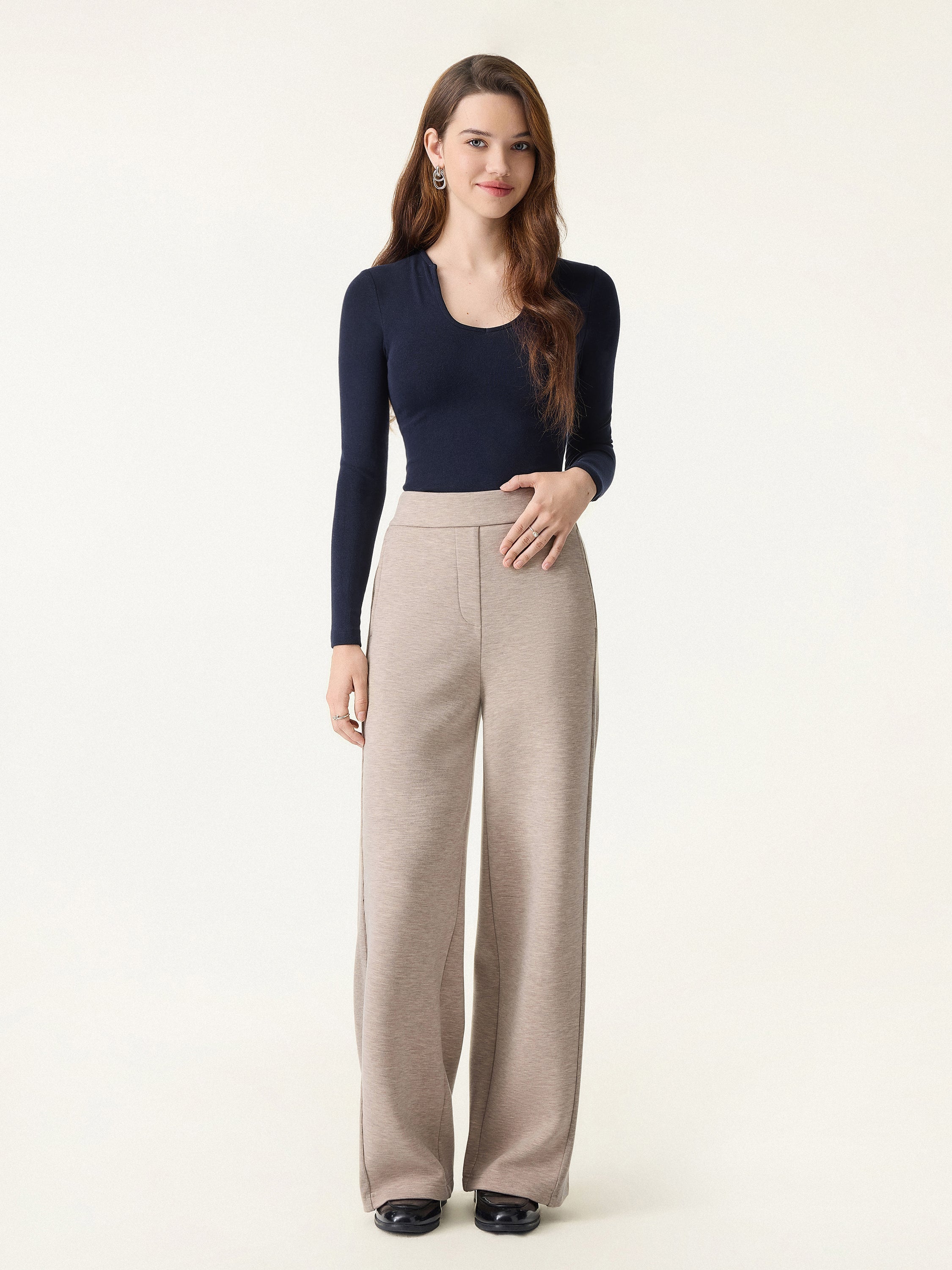 Ribbed Panel Mid Rise Wide Leg Pants with Pockets