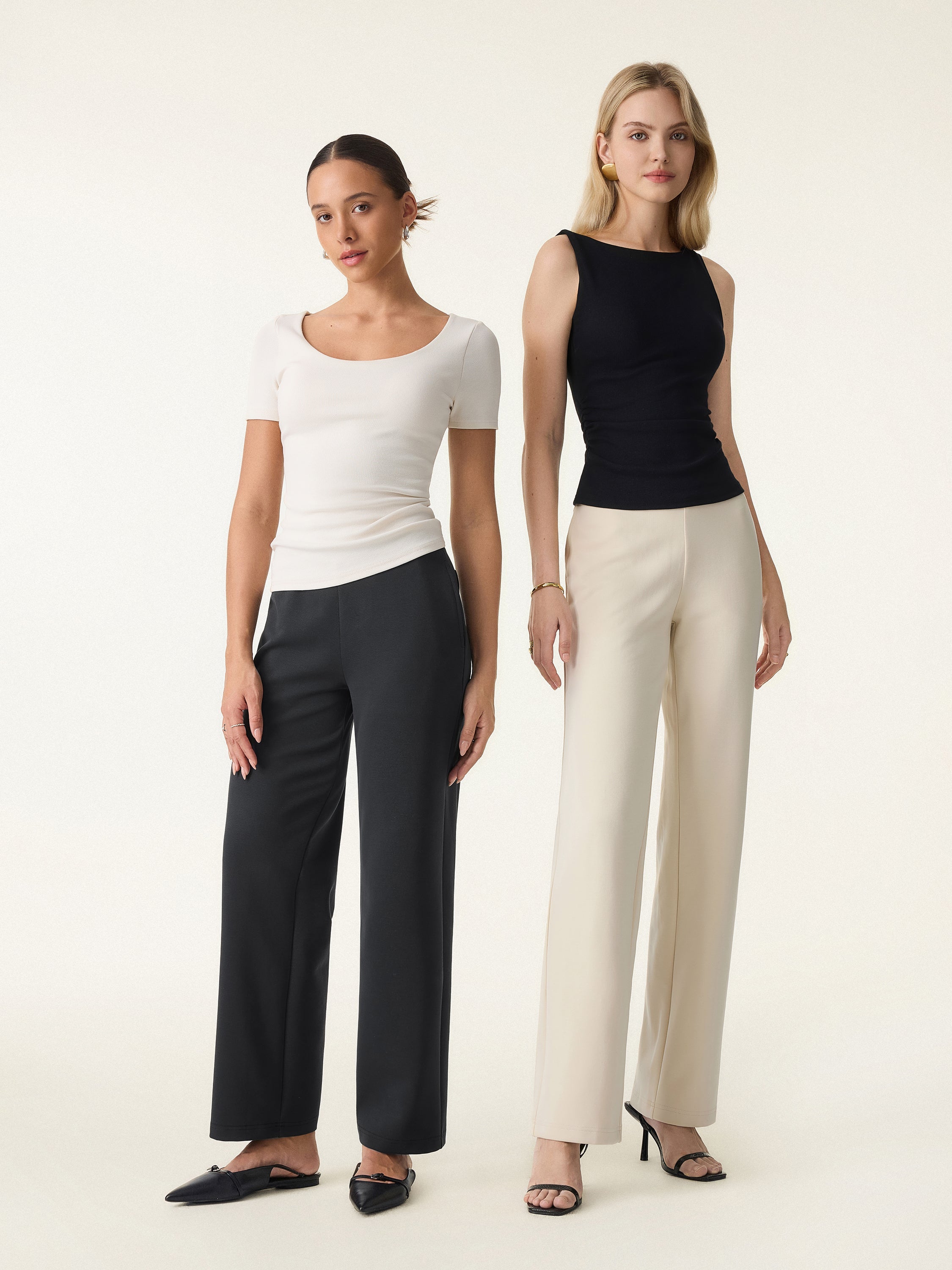 Stretch Cotton Blend Slim Straight Pull-on Pants with Pockets