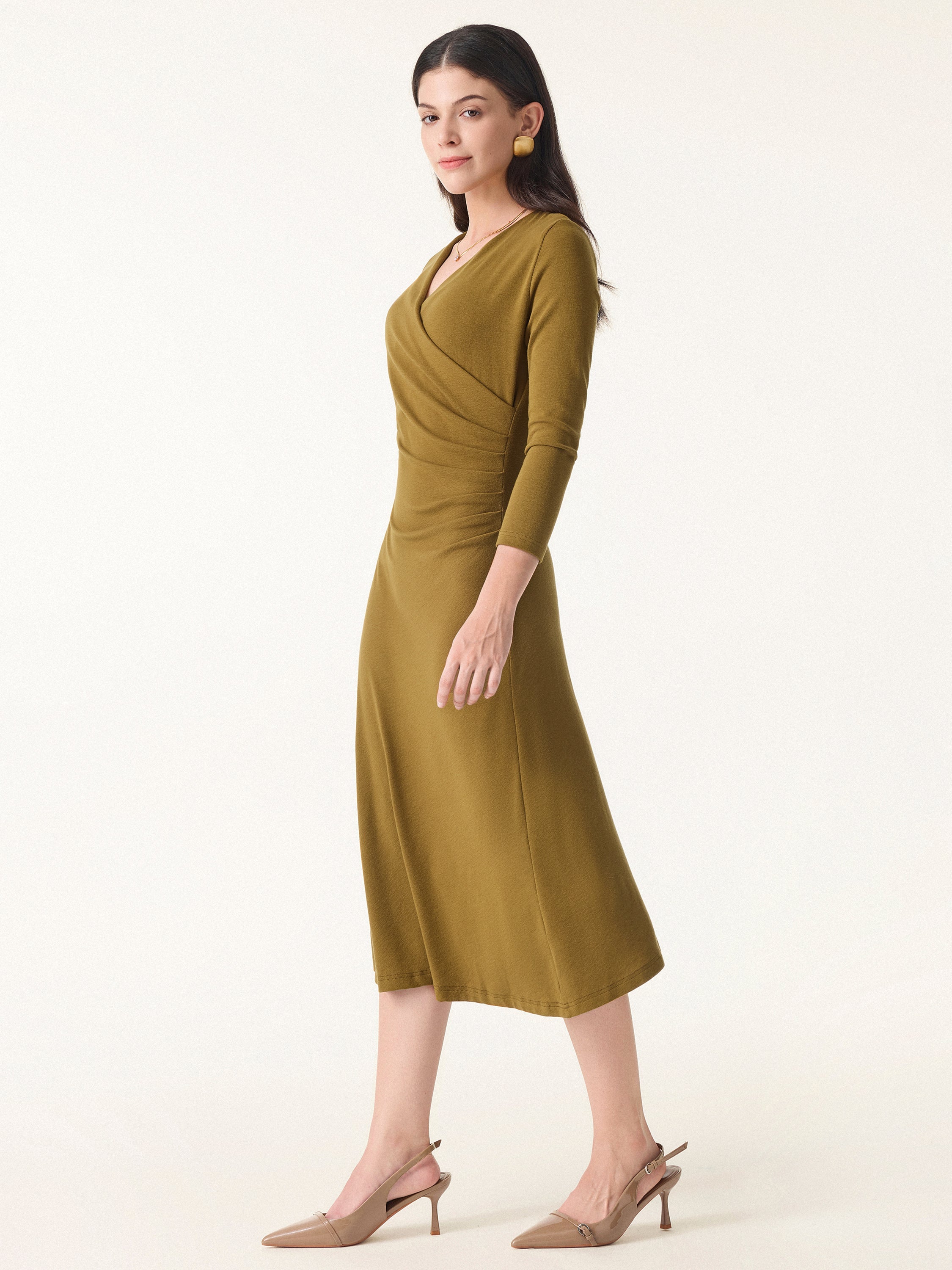 Slimming Surplice 3/4 Sleeve Midi Dress