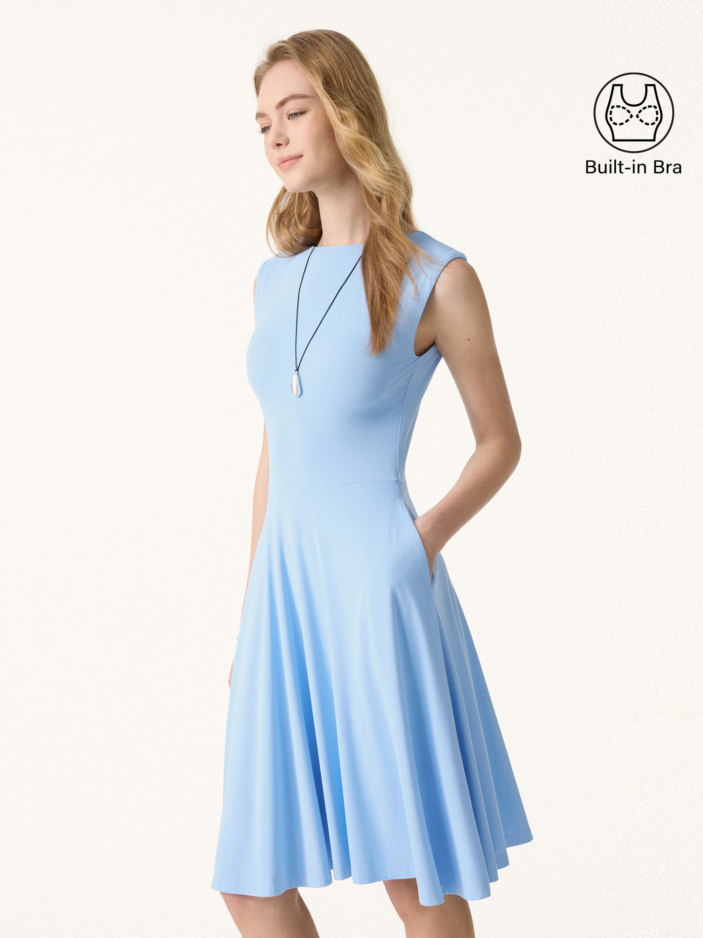 SkinKiss Boatneck Wide Shoulder Brami Dress with Pockets