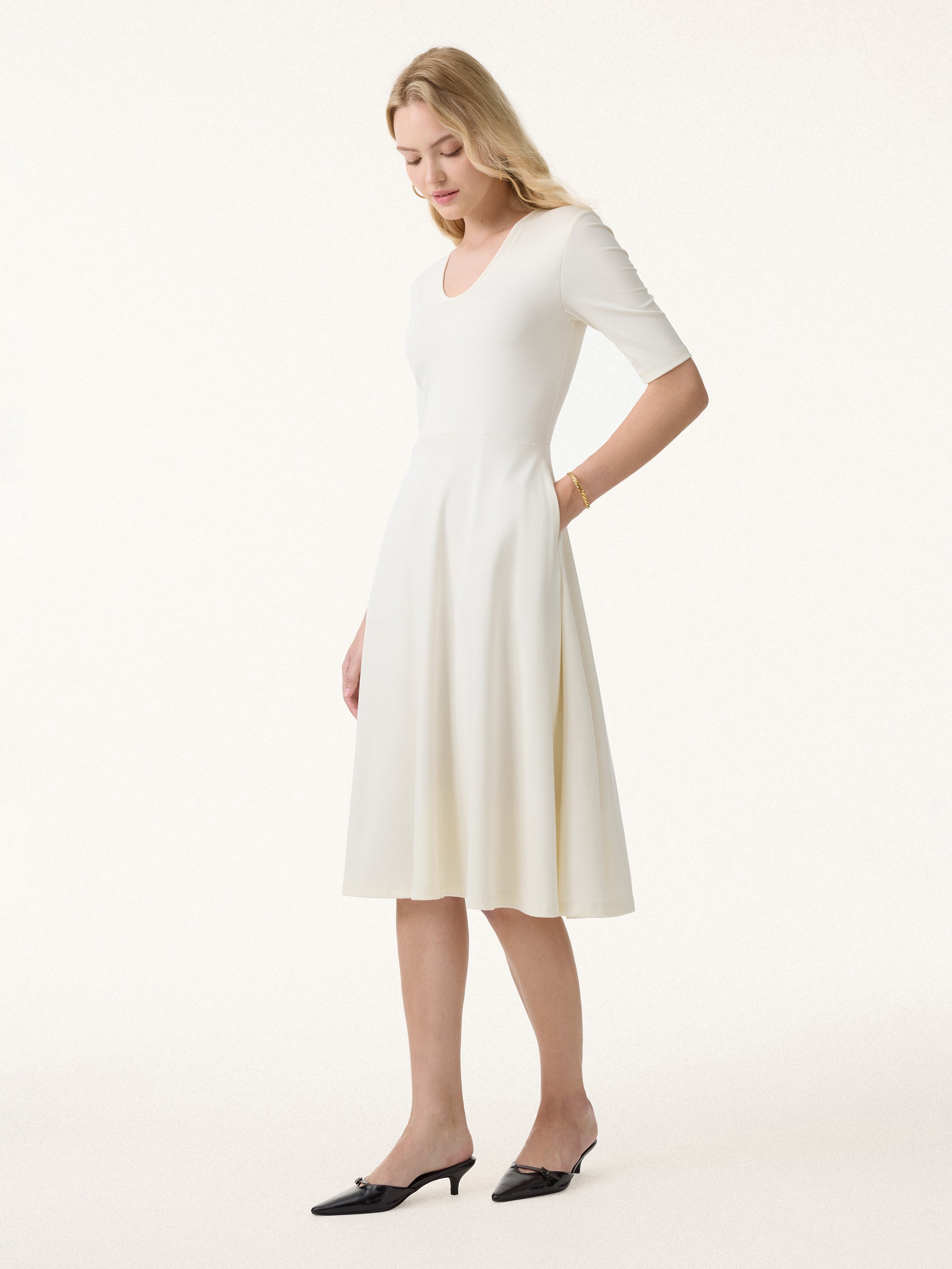 V-Neck Elbow Sleeve Midi Brami Dress with Pockets