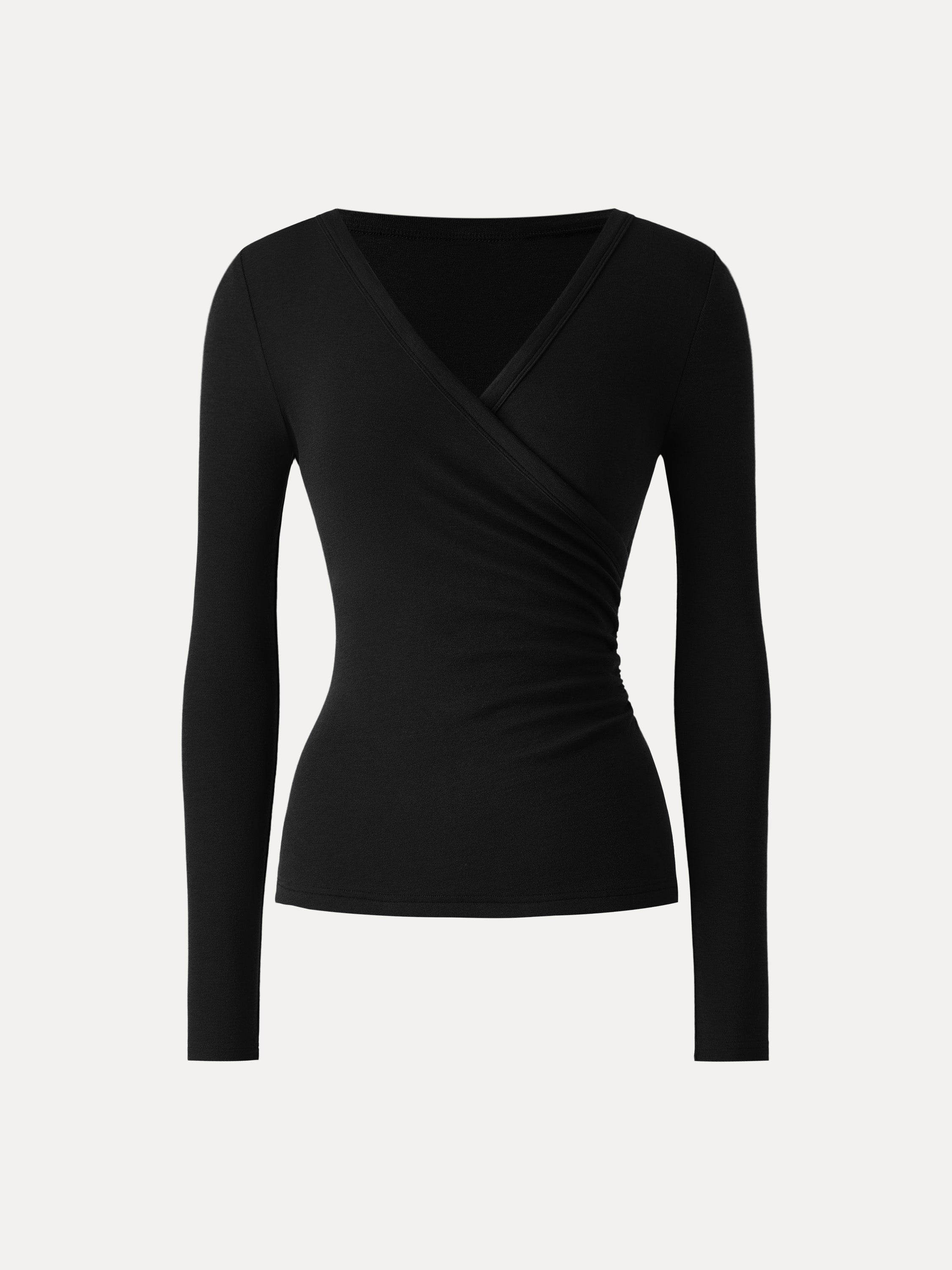 Lyocell Wool Surplice Ruched Long Sleeve Top