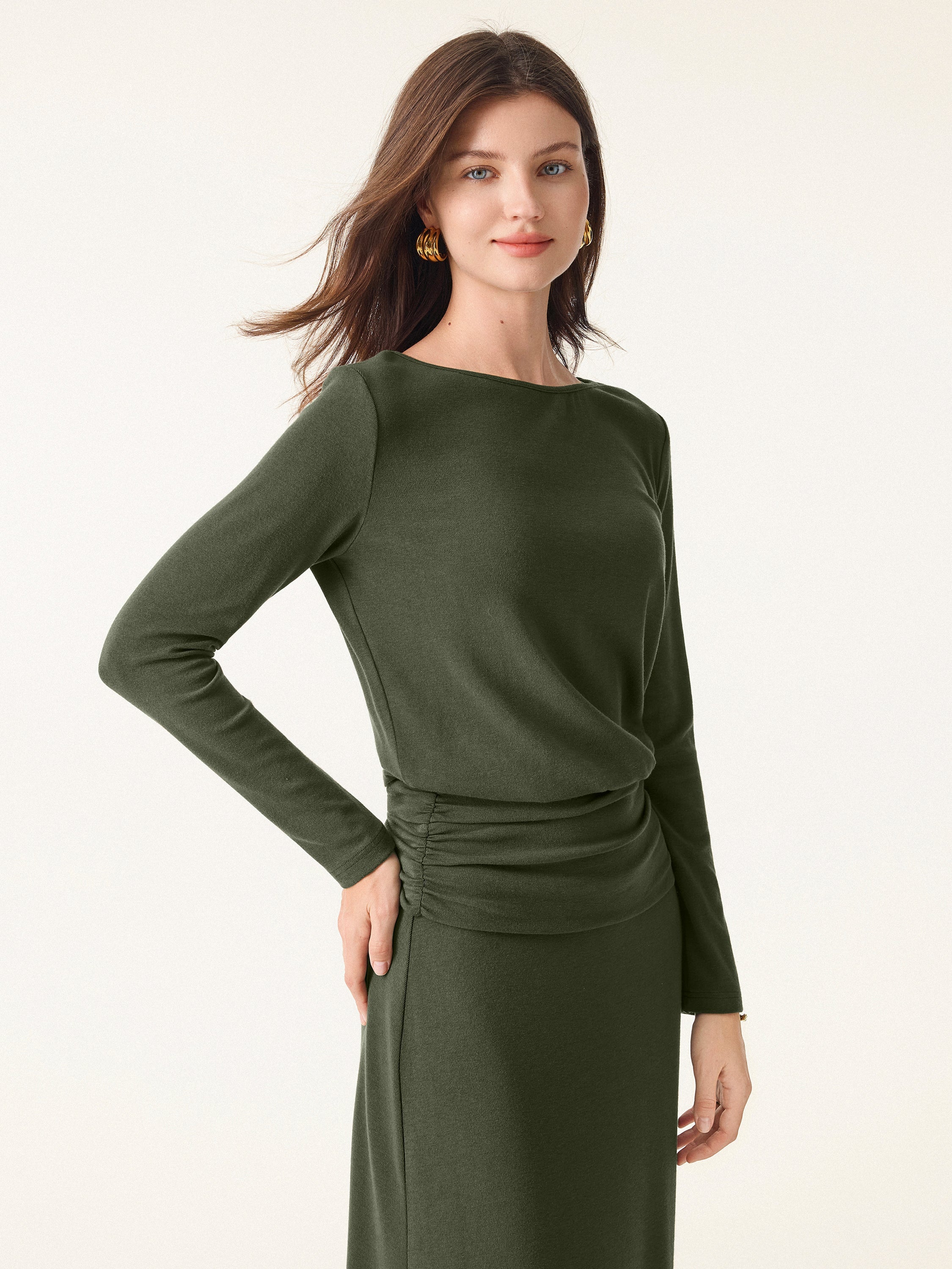 Light Warm Round Neck Side Ruched Top