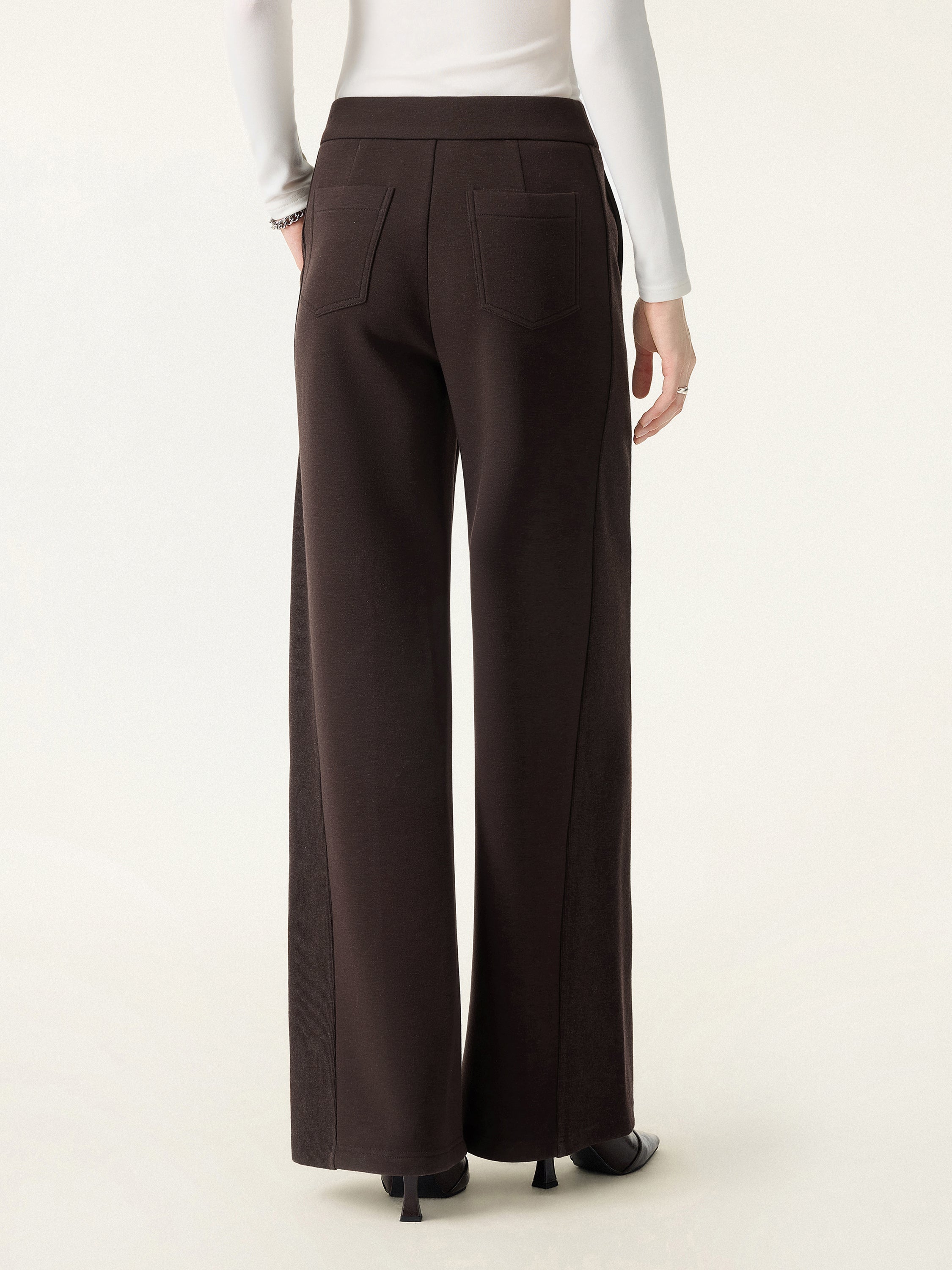 Ribbed Panel Mid Rise Wide Leg Pants with Pockets
